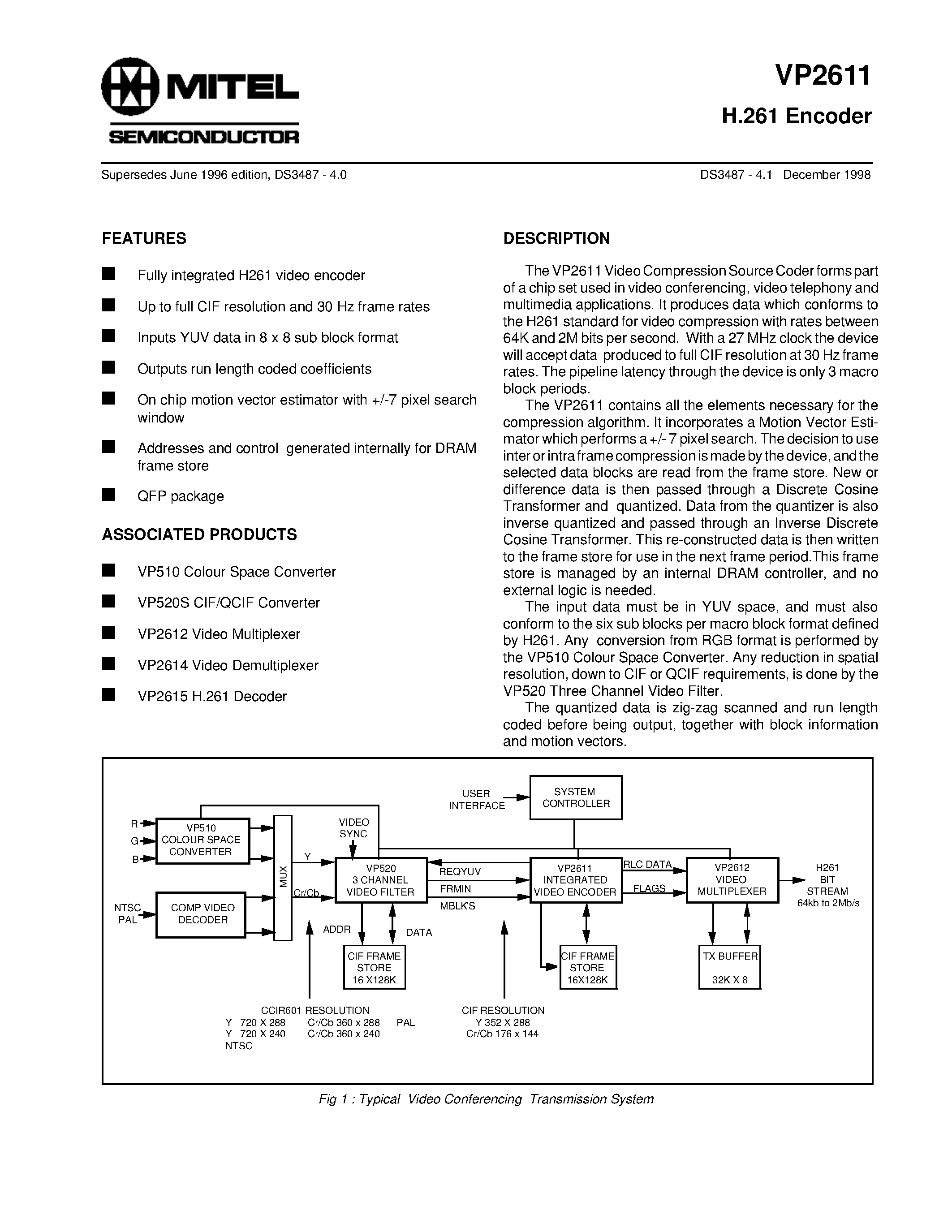 Datasheet VP2611CGGH1R - H.261 Encoder page 1