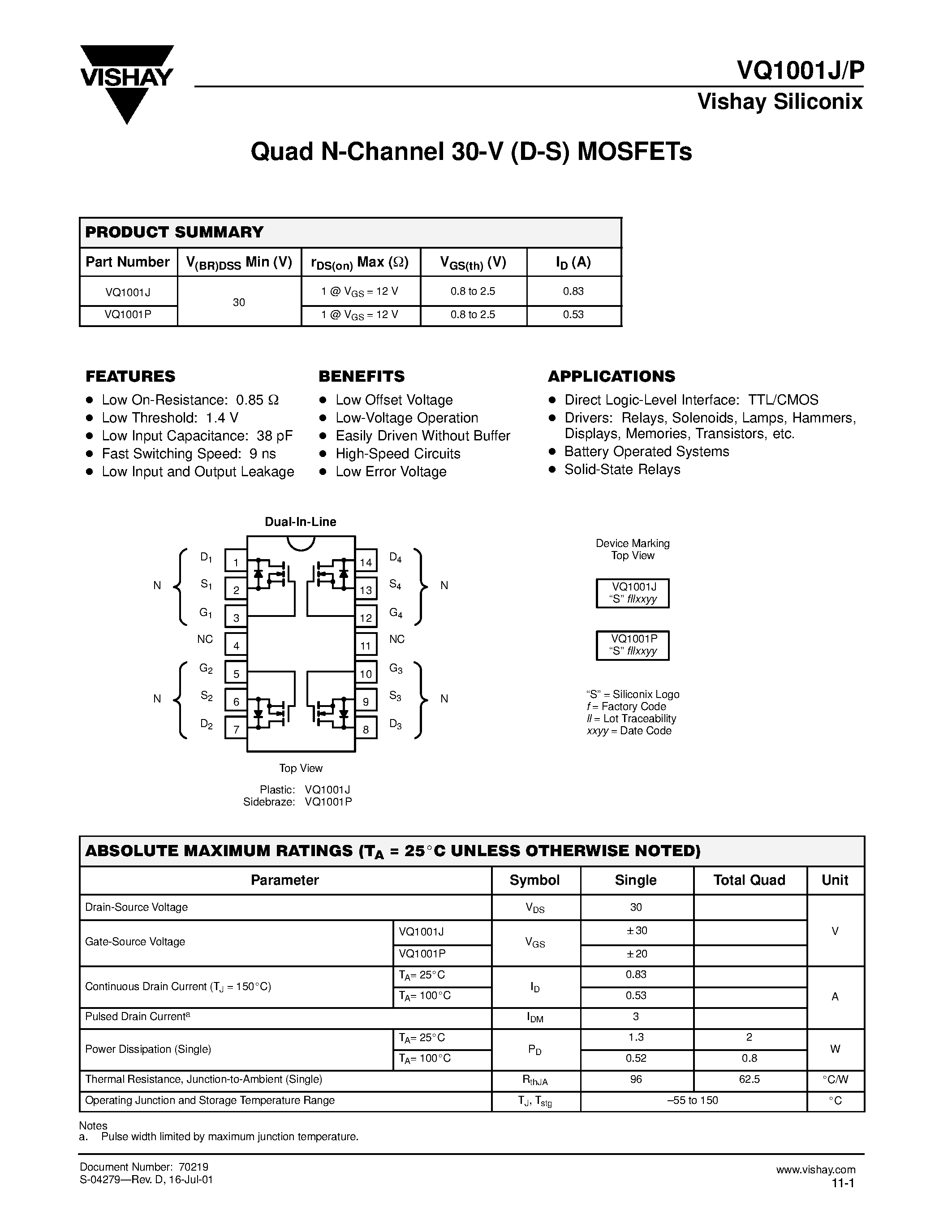 Даташит VQ1001J - Quad N-Channel 30-V (D-S) MOSFETs страница 1