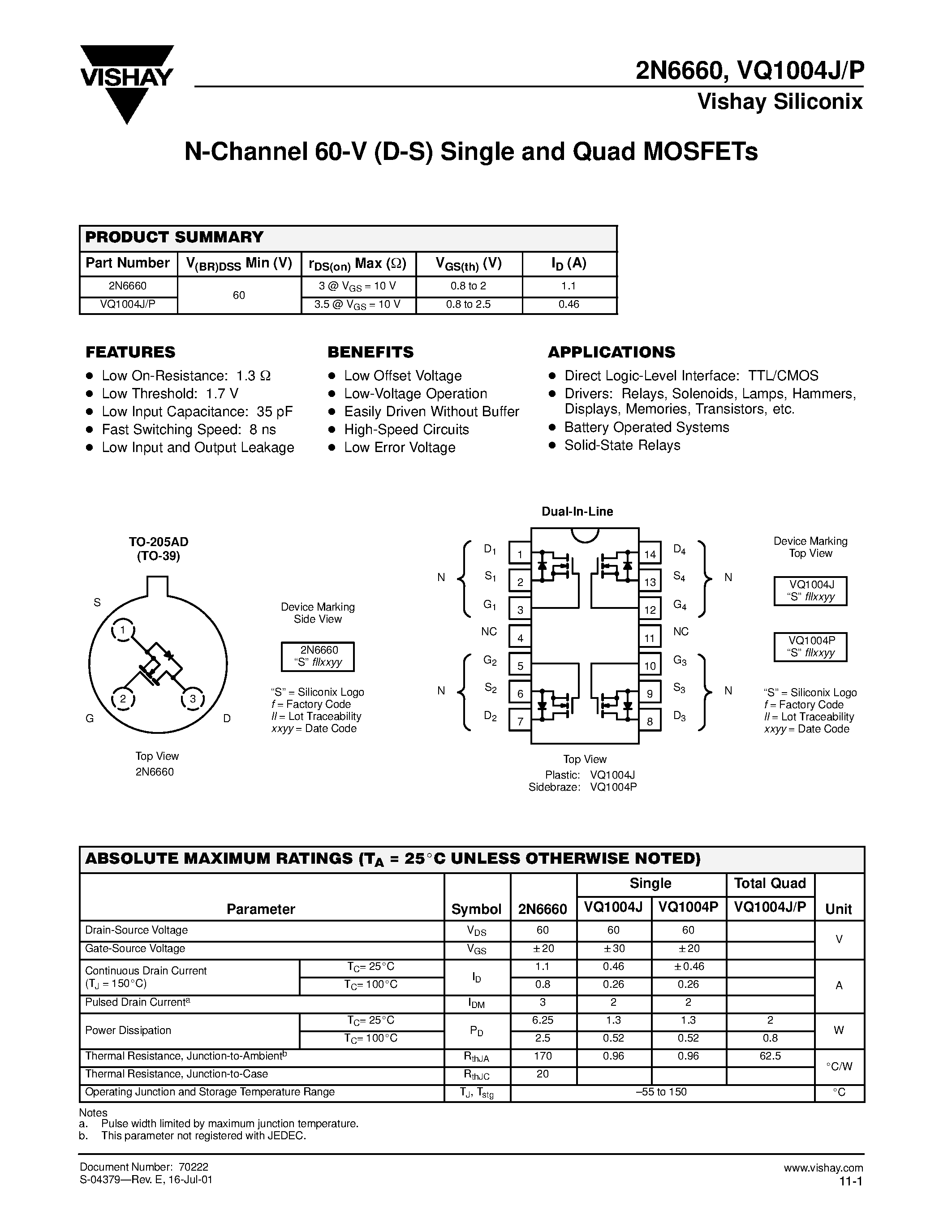 Даташит VQ1004J - N-Channel 60-V (D-S) Single and Quad MOSFETs страница 1