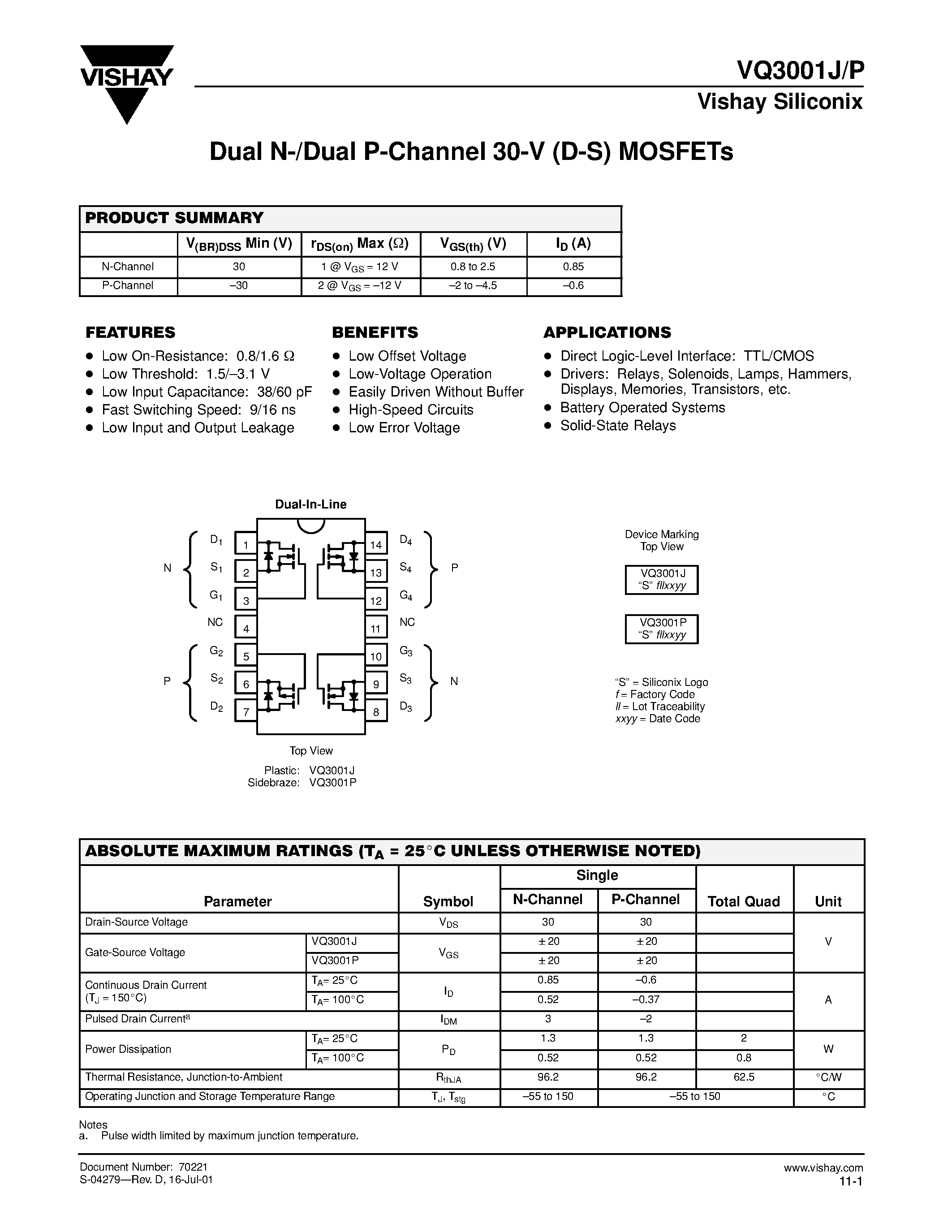 Даташит VQ3001J - Dual N-/Dual P-Channel 30-V (D-S) MOSFETs страница 1