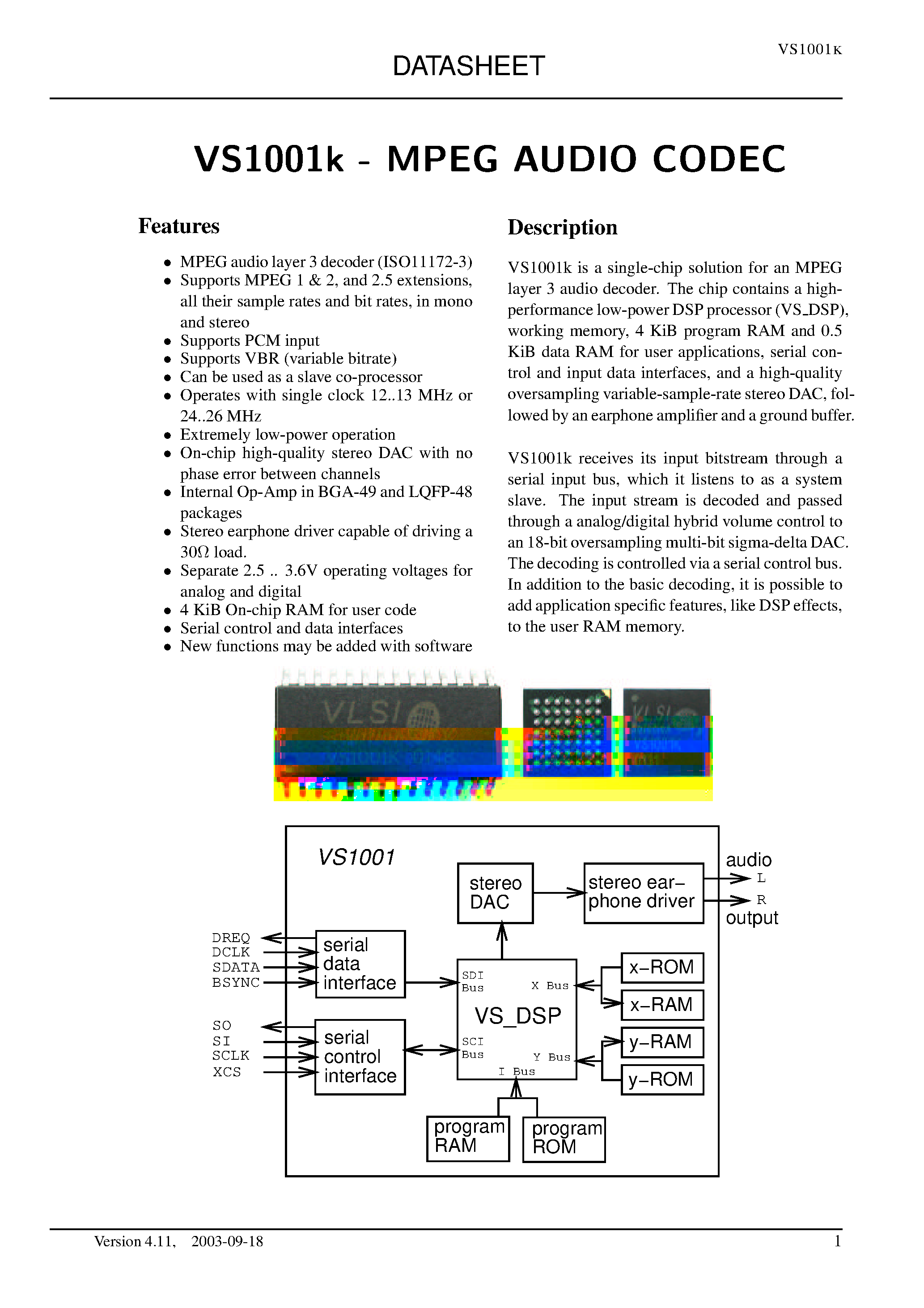 Даташит на микросхему VS1001K страница 1 Даташит VS1001K - MPEG AUDIO CODEC страница 1
