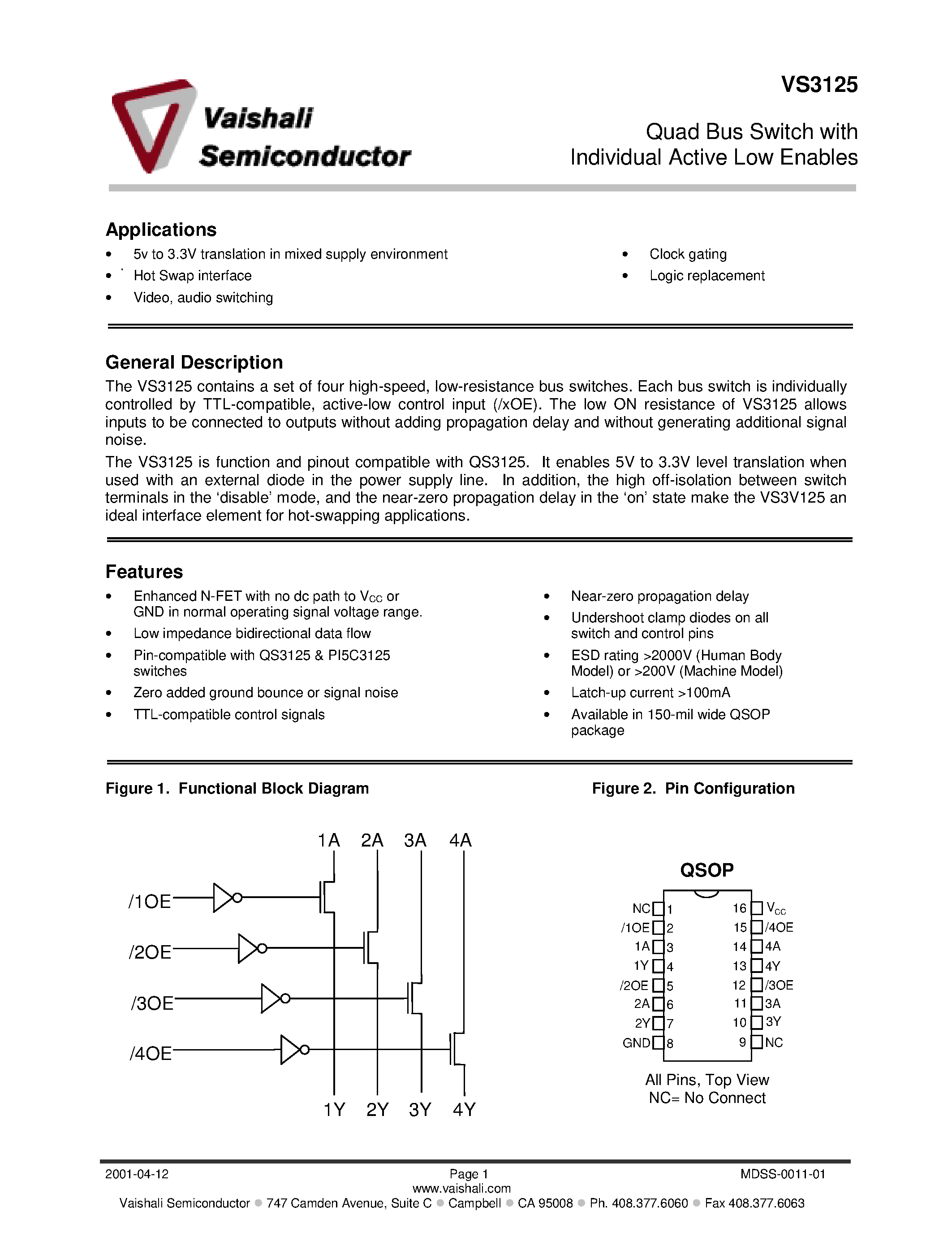 Datasheet VS3125Q - Quad Bus Switch with Individual Active Low Enables page 1