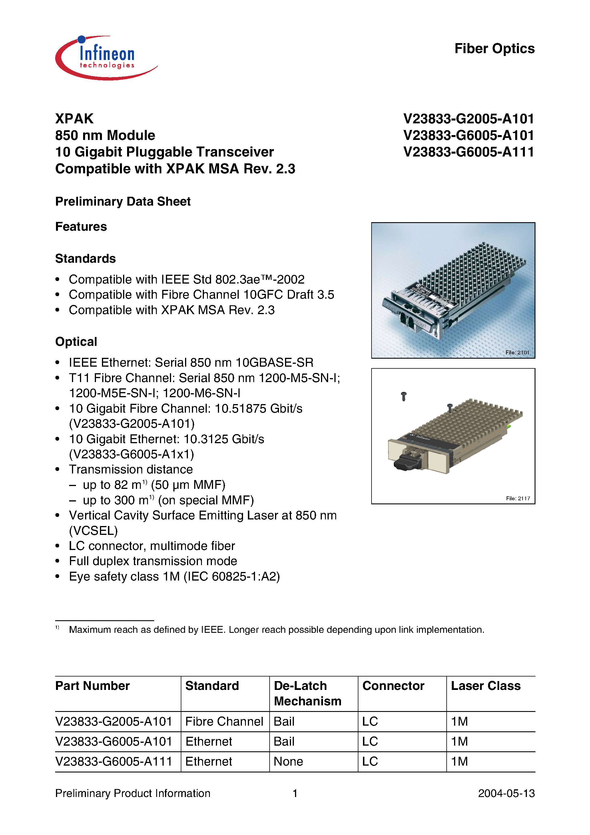 Даташит V23833-G6005-A111 - XPAK 850 nm Module 10 Gigabit Pluggable Transceiver Compatible with XPAK MSA Rev. 2.3 страница 1