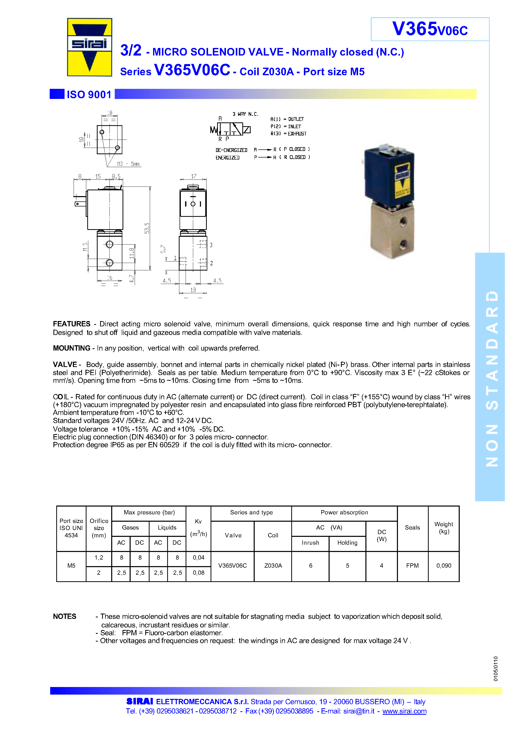 Datasheet V365-V06C - 3/2 - MICRO SOLENOID VALVE - Normally closed (N.C.) page 1