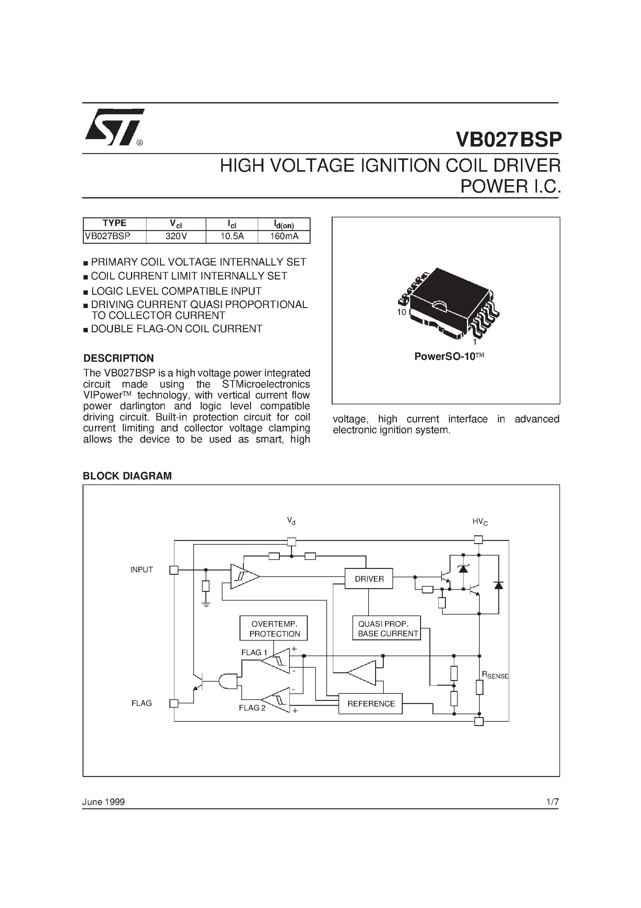 Даташит VB027BSP - HIGH VOLTAGE IGNITION COIL DRIVER POWER I.C. страница 1