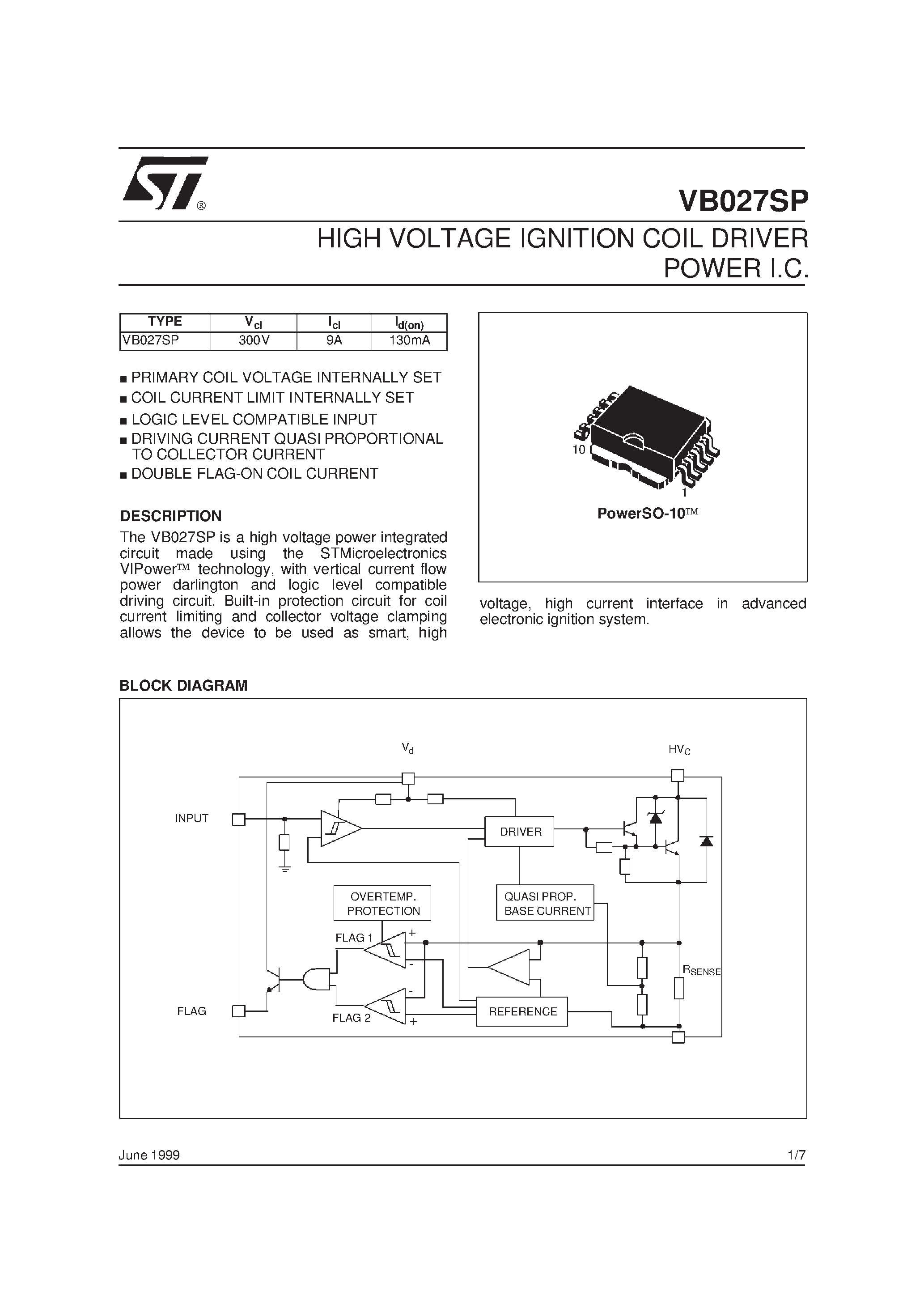 Datasheet VB027SP - HIGH VOLTAGE IGNITION COIL DRIVER POWER I.C. page 1