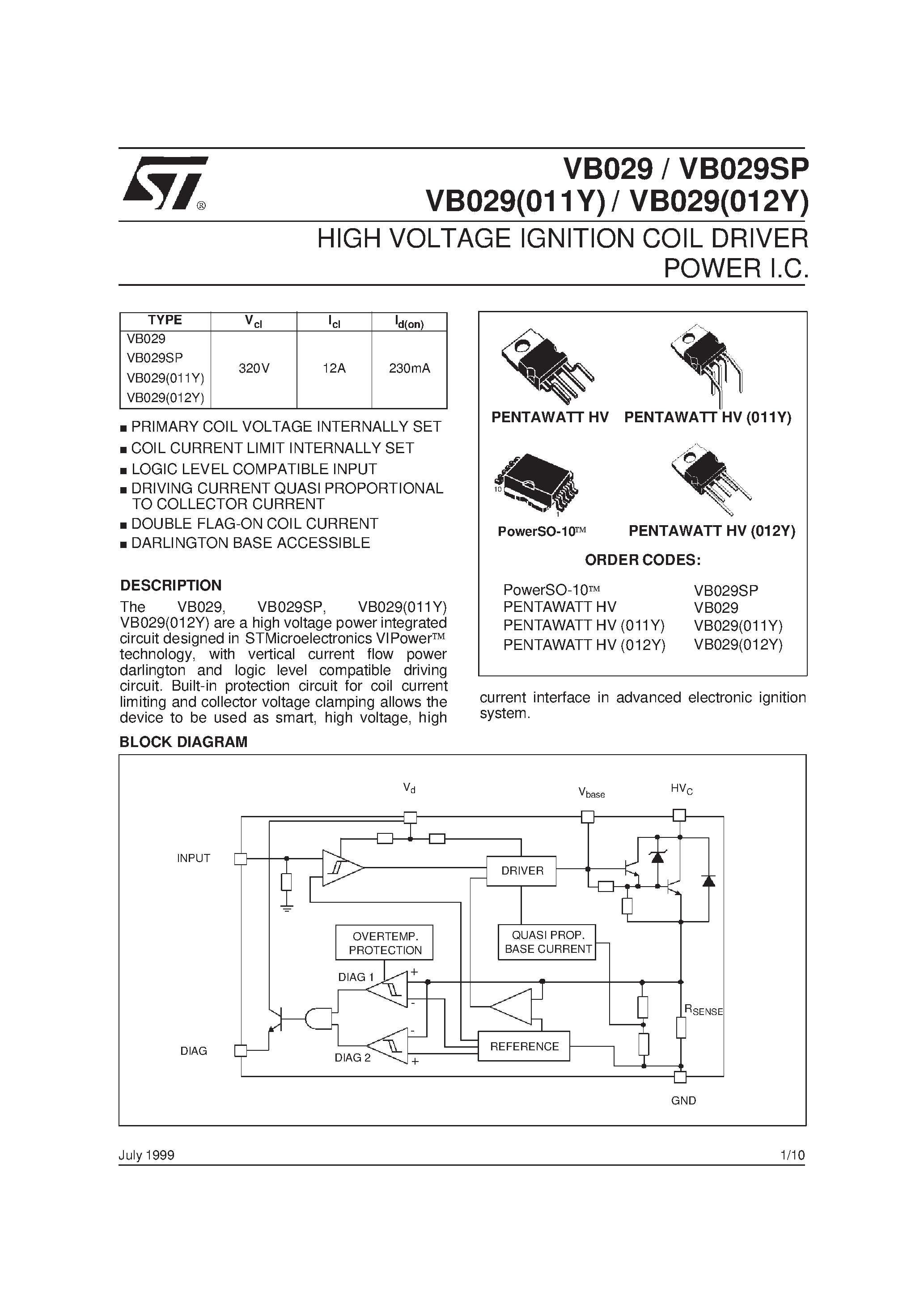 Datasheet VB029 - HIGH VOLTAGE IGNITION COIL DRIVER POWER I.C. page 1