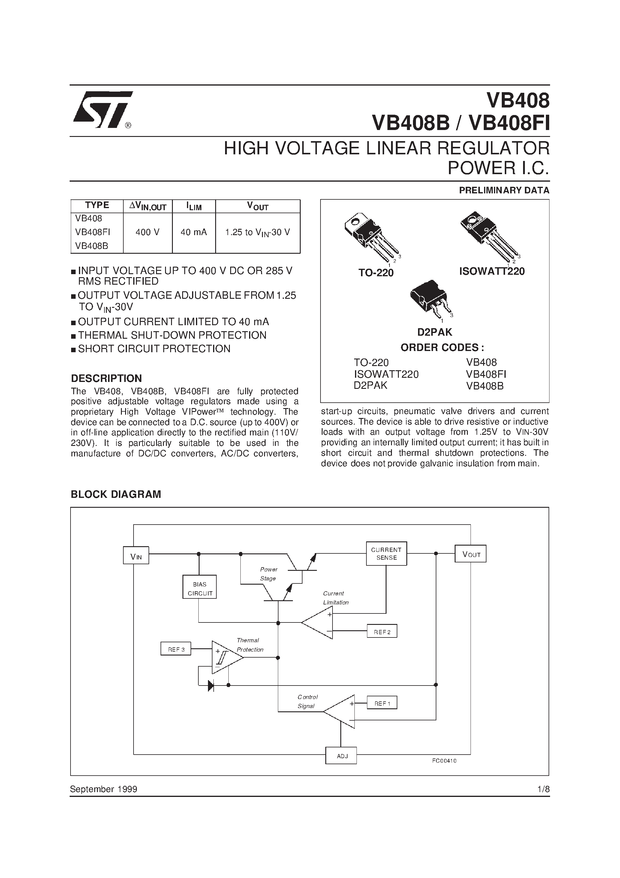 Datasheet VB408 - HIGH VOLTAGE LINEAR REGULATOR POWER I.C. page 1