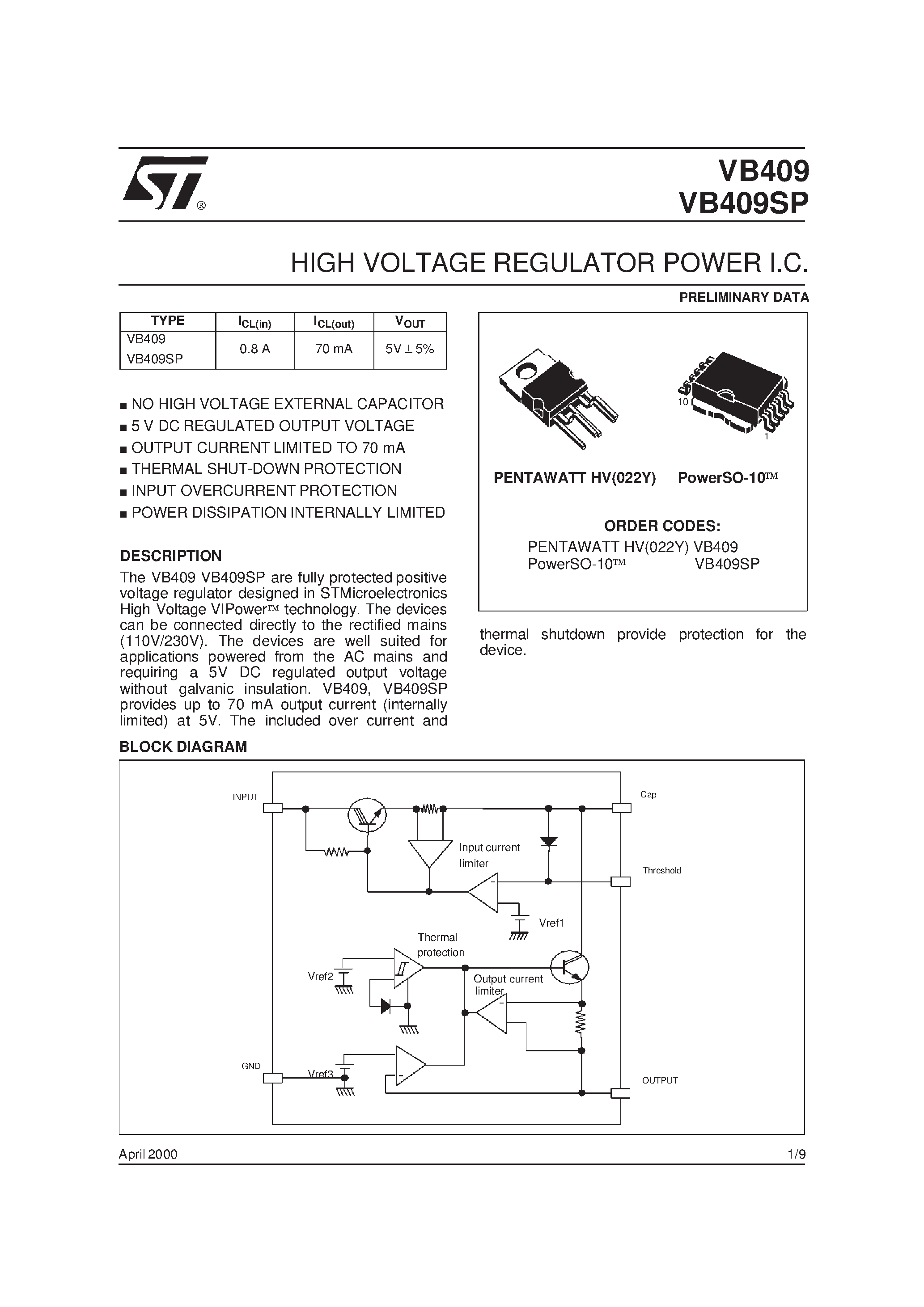 Datasheet VB409SP - HIGH VOLTAGE REGULATOR POWER I.C. page 1
