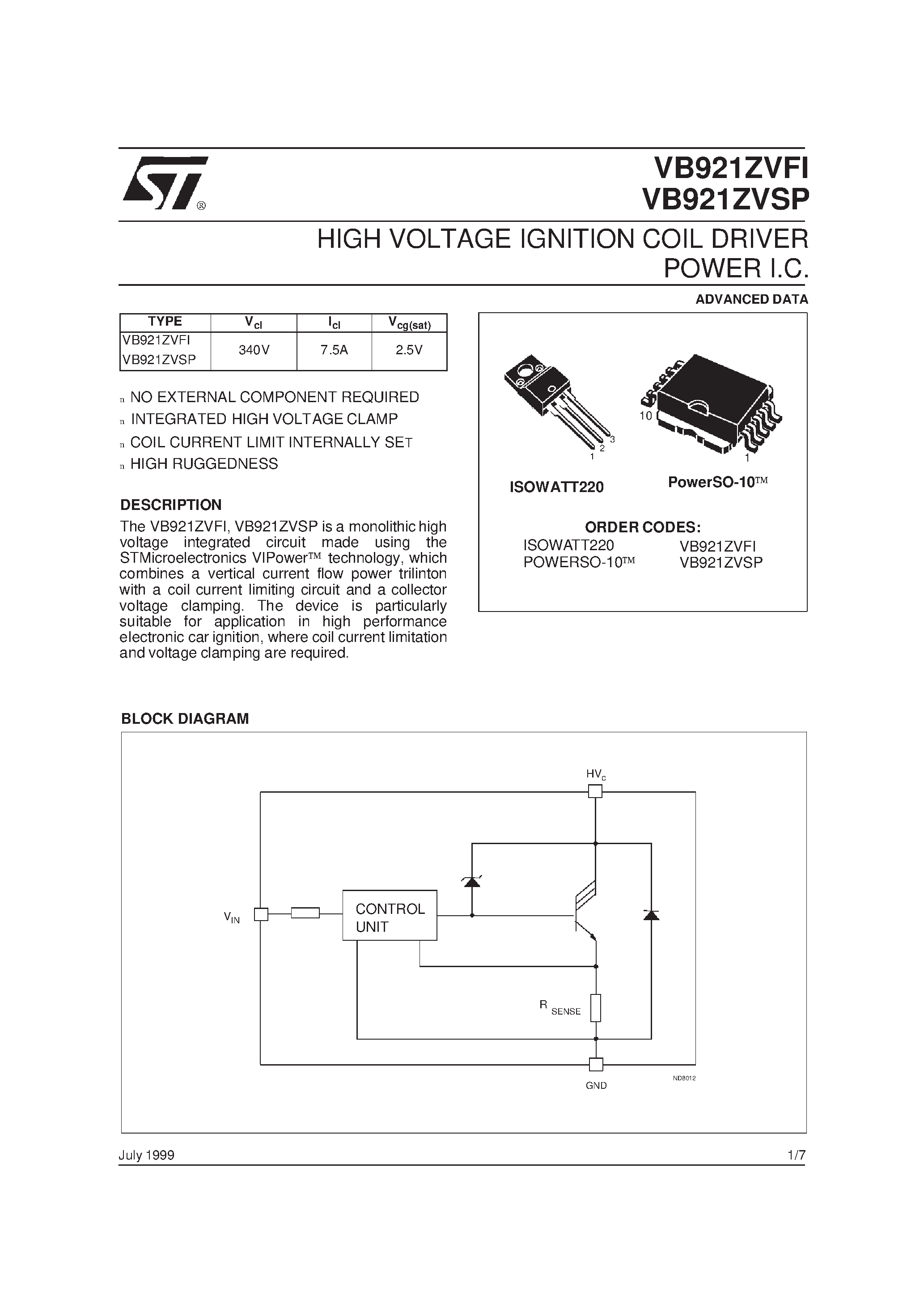 Даташит VB921ZVFI - HIGH VOLTAGE IGNITION COIL DRIVER POWER I.C. страница 1