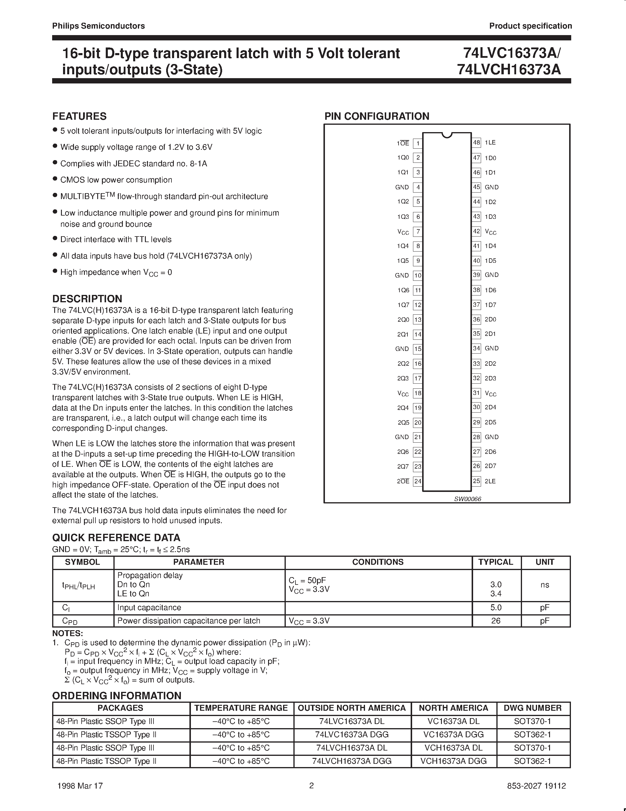 Datasheet VC16373ADGG - 16-bit D-type transparent latch with 5 Volt tolerant inputs/outputs 3-State page 2