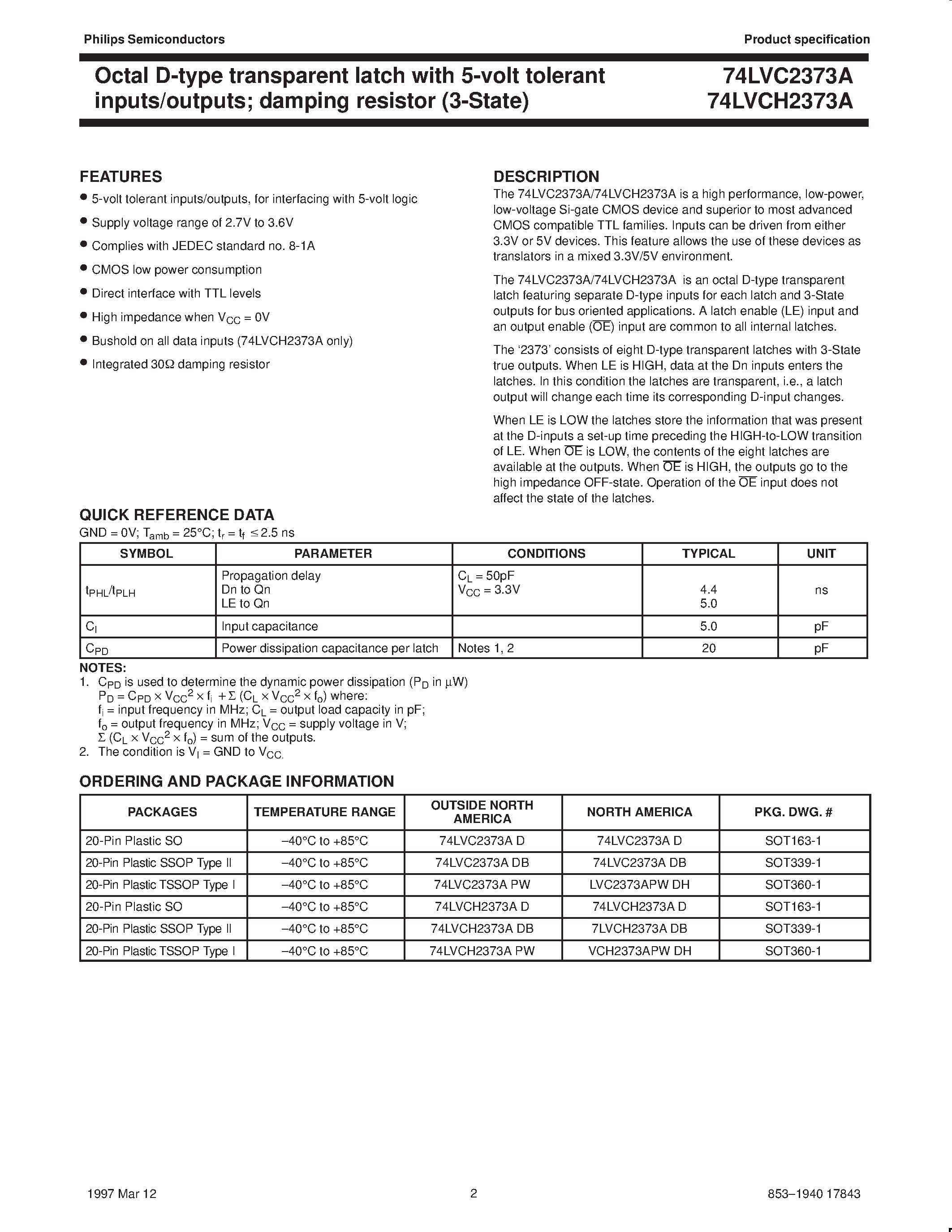 Datasheet VCH2373APWDH - Octal D-type transparent latch with 5-volt tolerant inputs/outputs; damping resistor 3-State page 2
