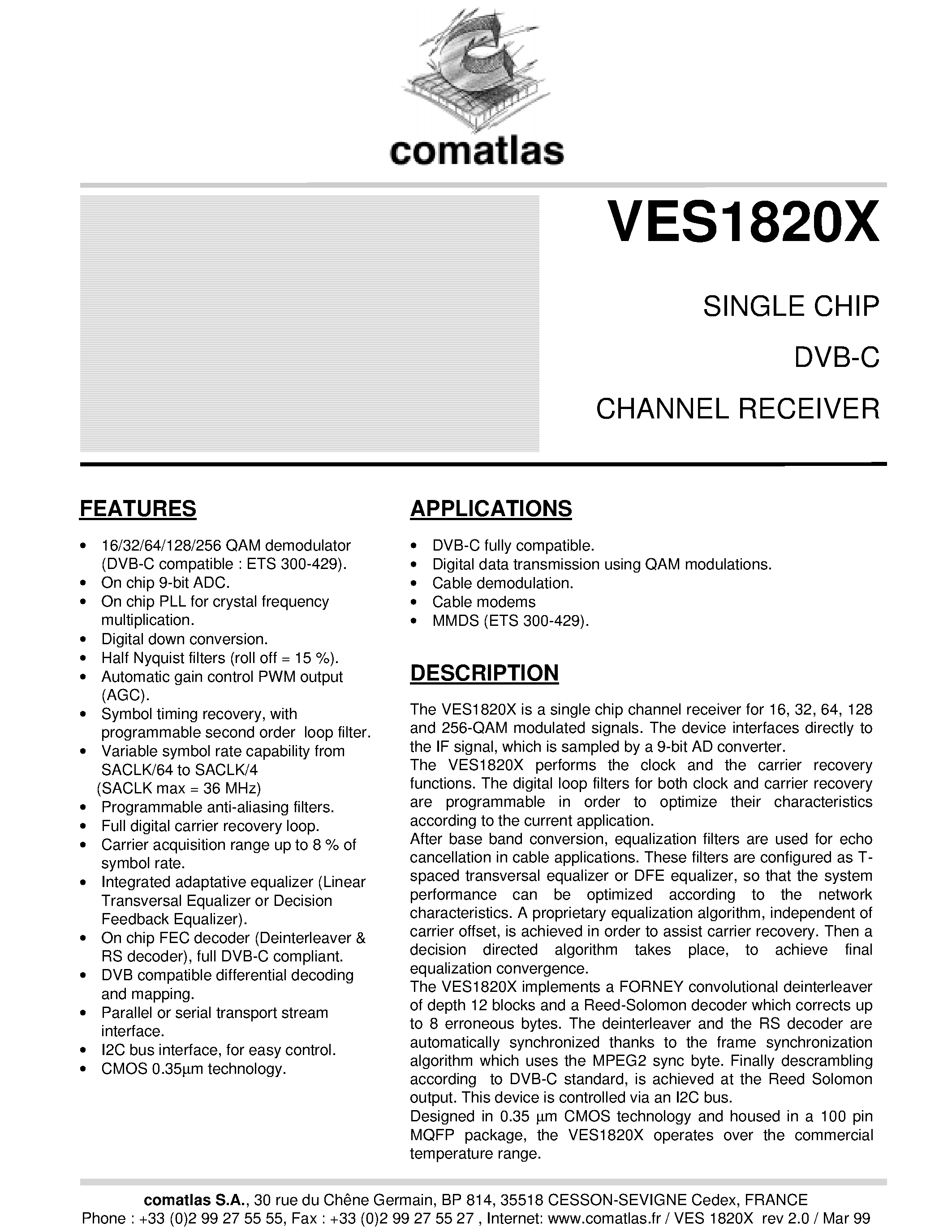 Datasheet VES1820X - SINGLE CHIP DVB-C CHANNEL RECEIVER page 1