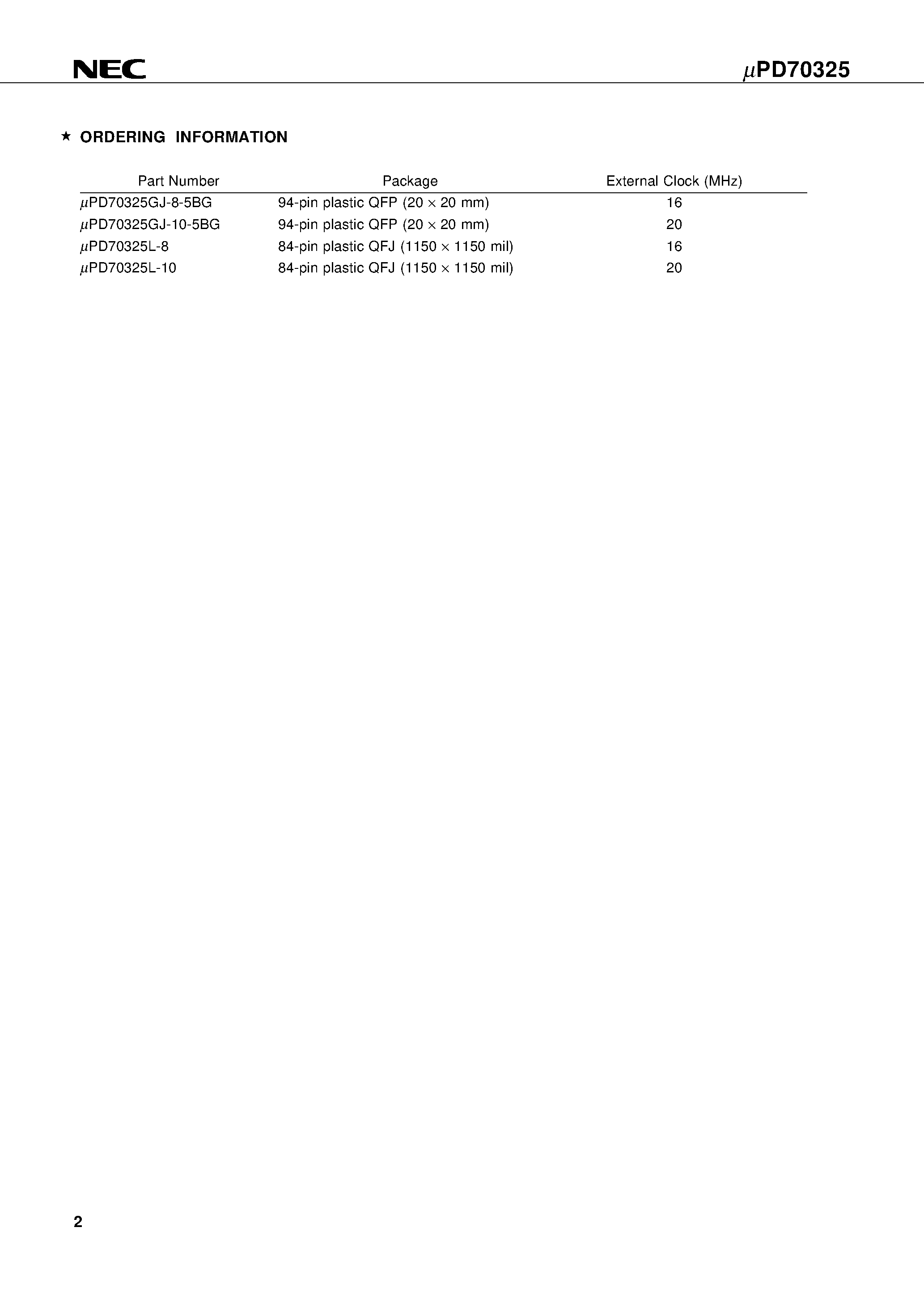 Datasheet UPD70325GJ-8-5BG - V25+TM 16/8-BIT SINGLE-CHIP MICROCONTROLLER page 2