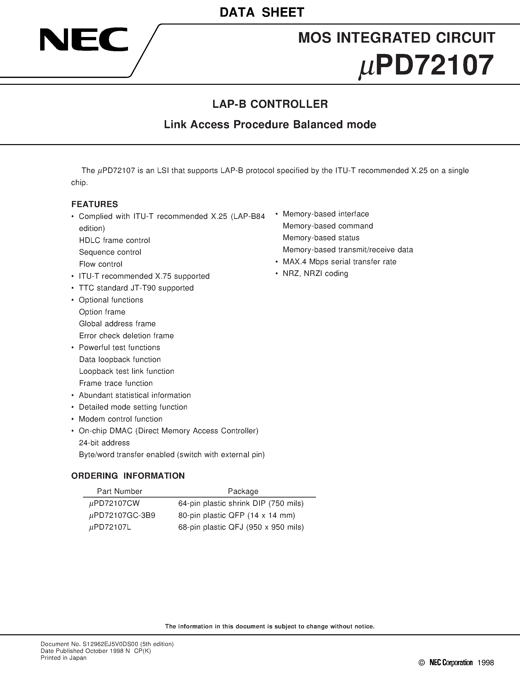 Datasheet uPD72107L - LAP-B CONTROLLER(Link Access Procedure Balanced mode) page 1