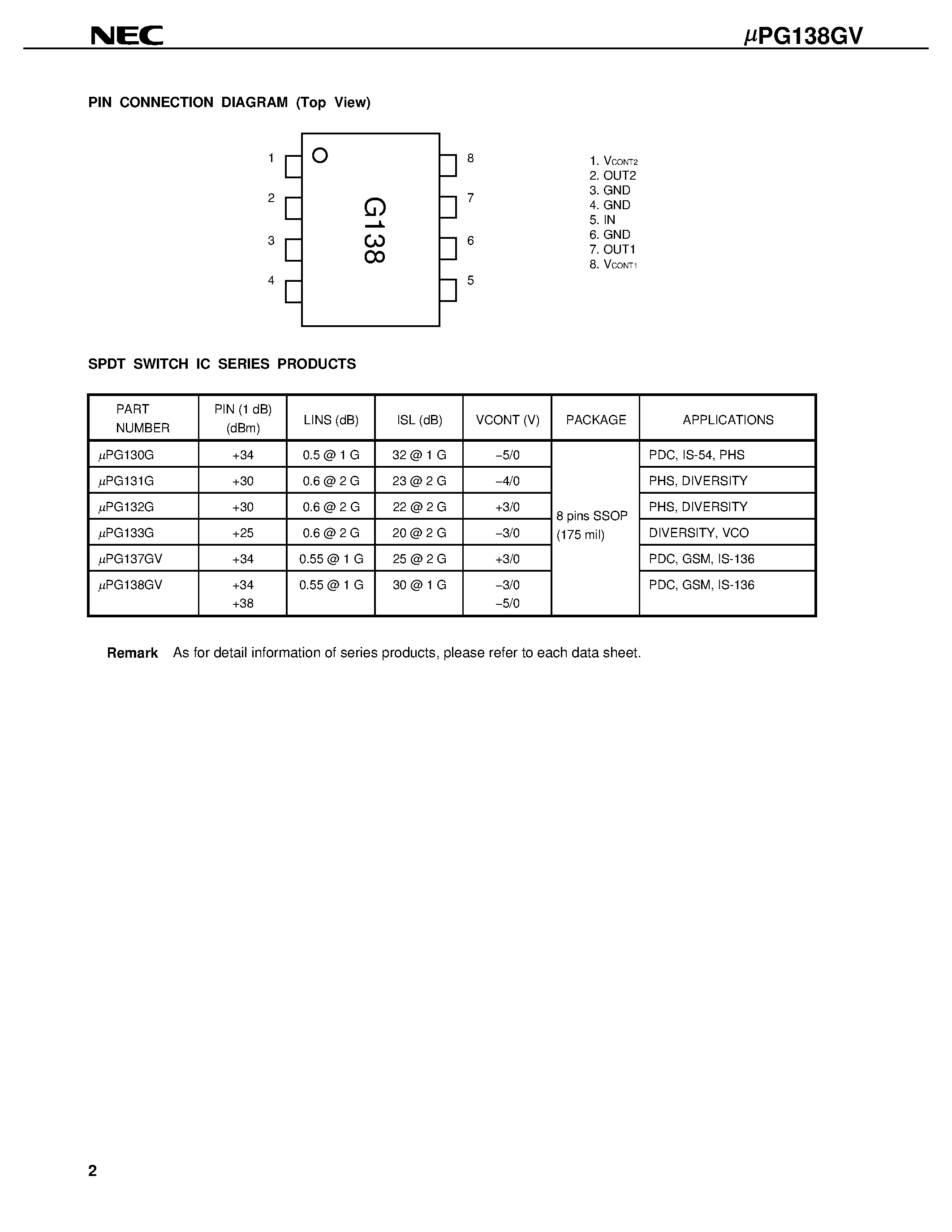 Datasheet UPG138GV - L-BAND DPDT MMIC SWITCH page 2