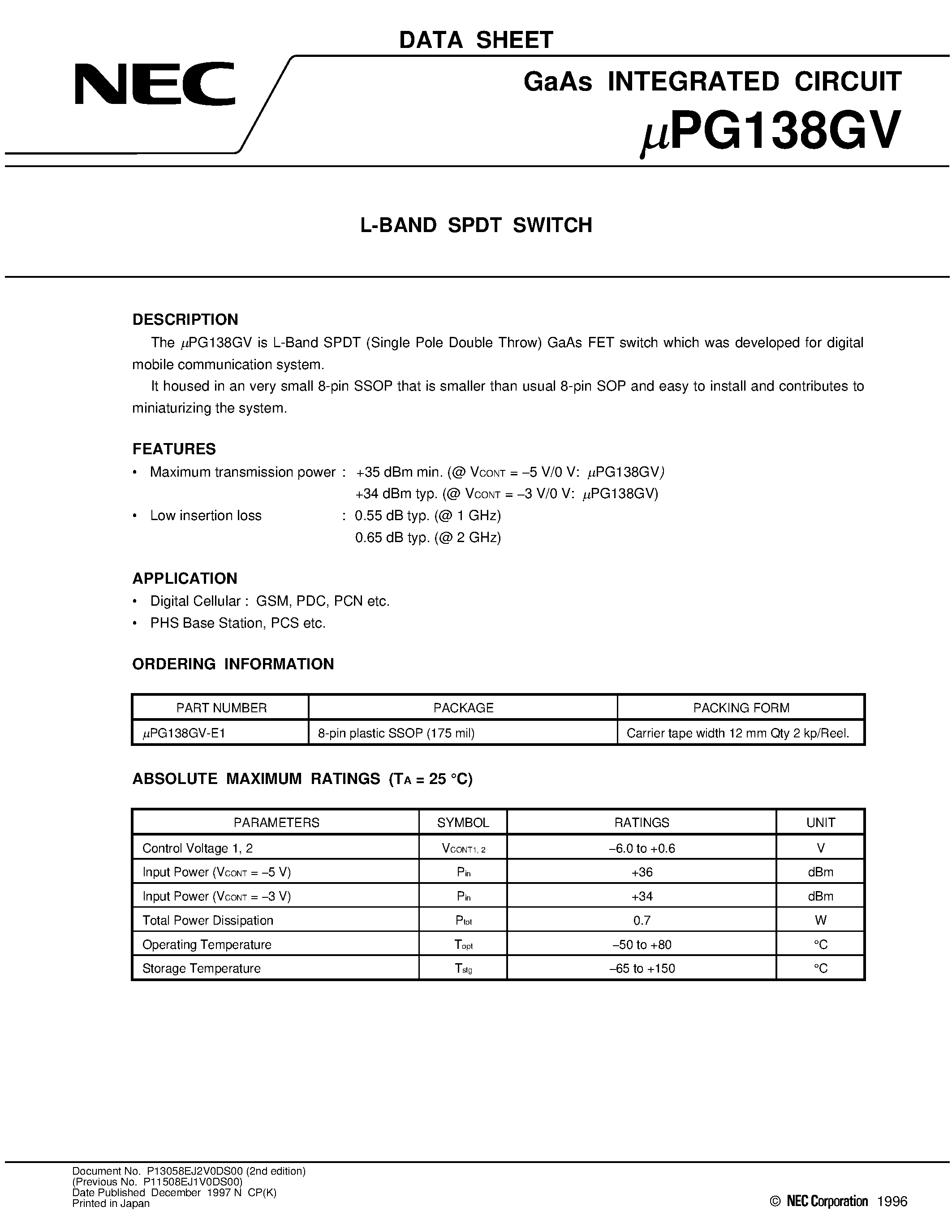 Datasheet UPG138GV-E1 - L-BAND SPDT SWITCH page 1
