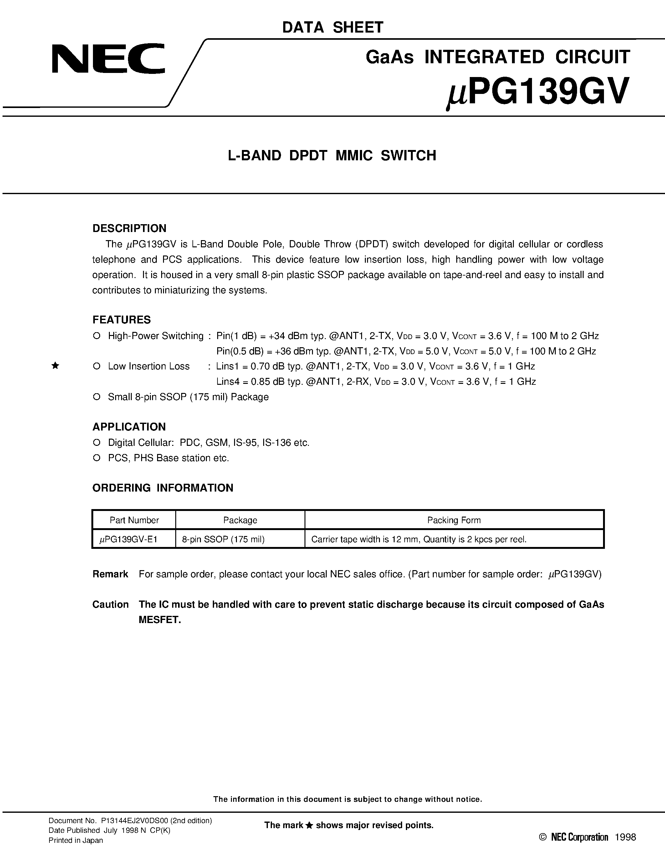 Datasheet UPG139GV - L-BAND DPDT MMIC SWITCH page 1