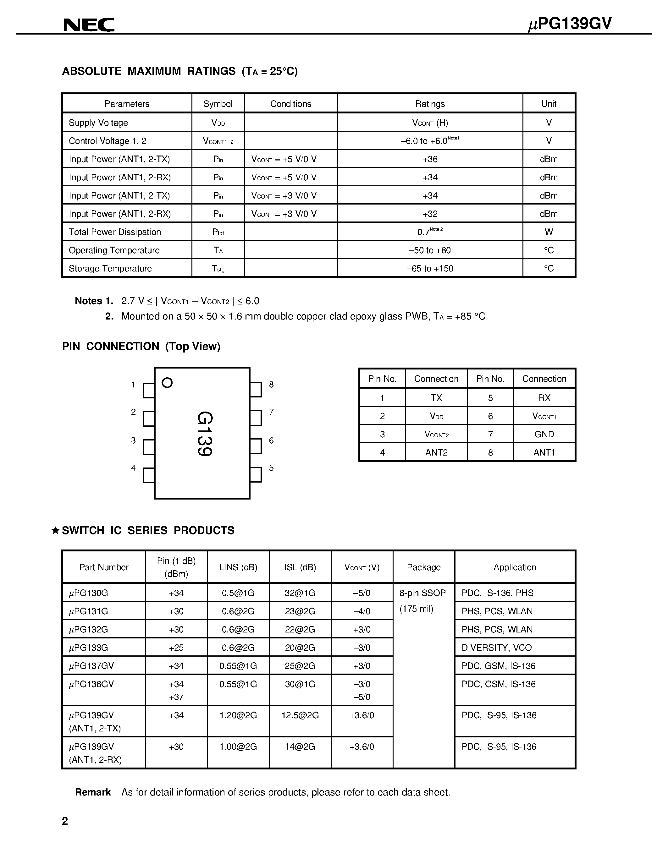 Datasheet UPG139GV - L-BAND DPDT MMIC SWITCH page 2