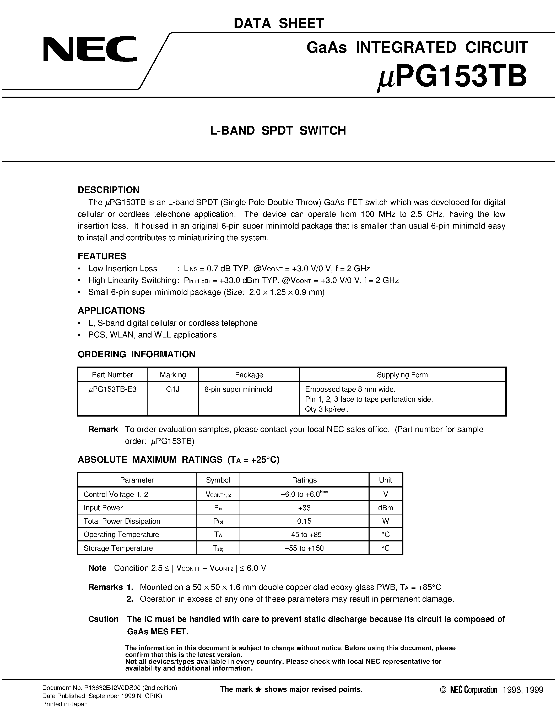 Datasheet UPG153TB - L-BAND SPDT SWITCH page 1