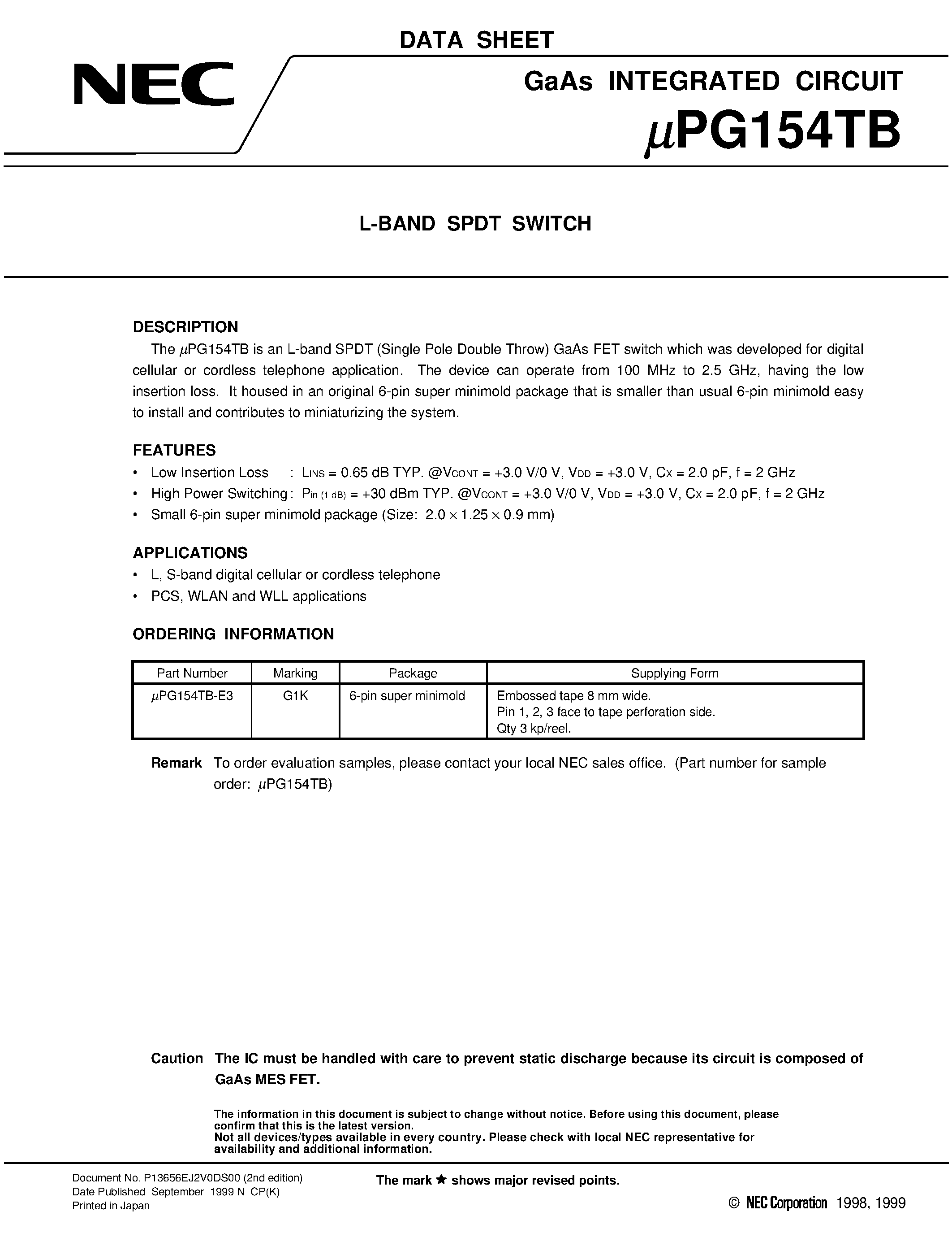 Datasheet UPG154TB-E3 - L-BAND SPDT SWITCH page 1