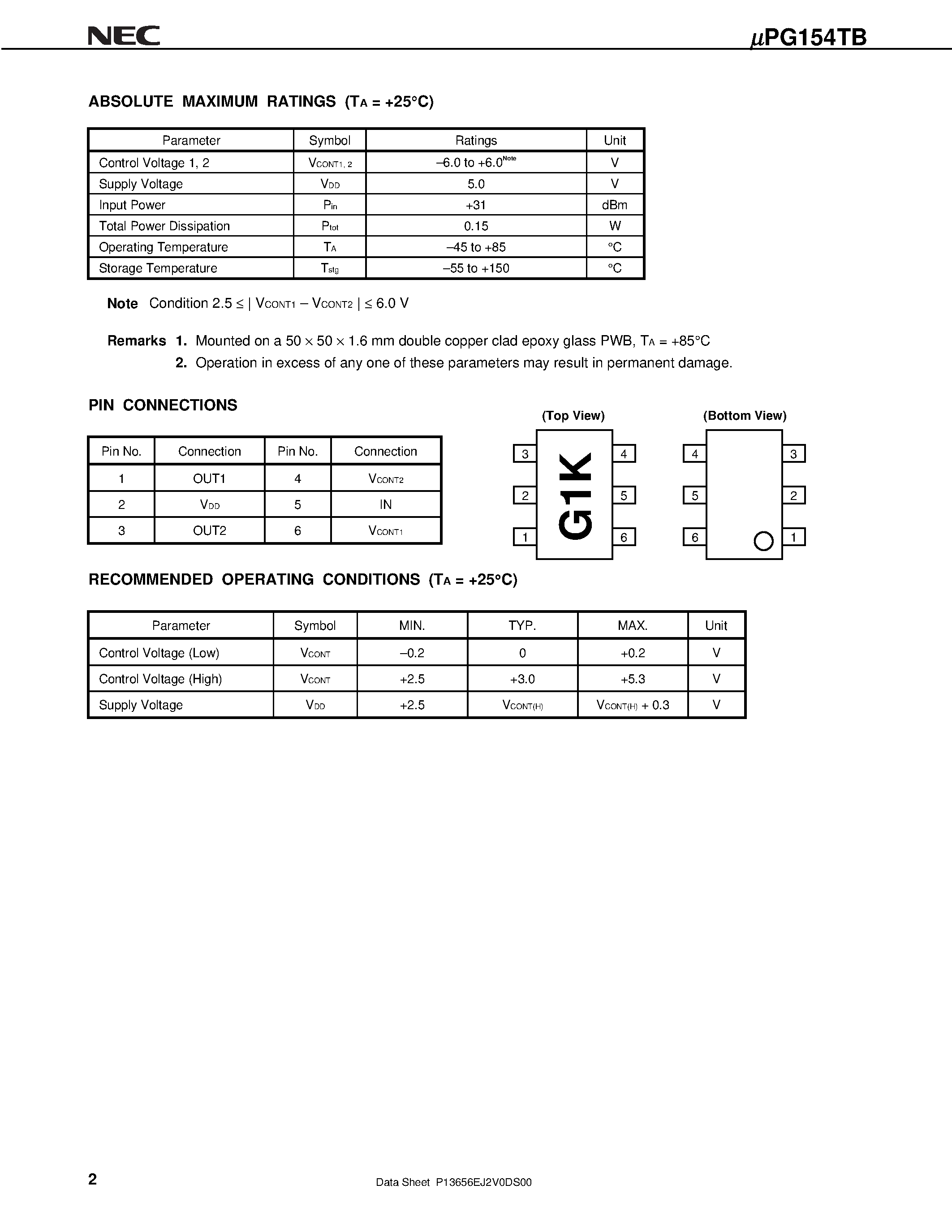 Datasheet UPG154TB-E3 - L-BAND SPDT SWITCH page 2