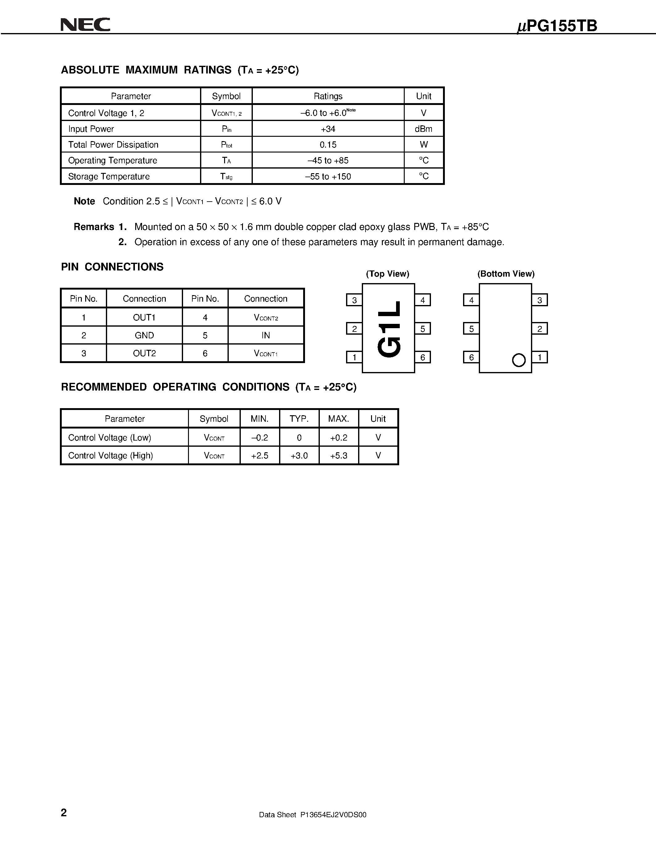 Datasheet UPG155TB - L-BAND SPDT SWITCH page 2