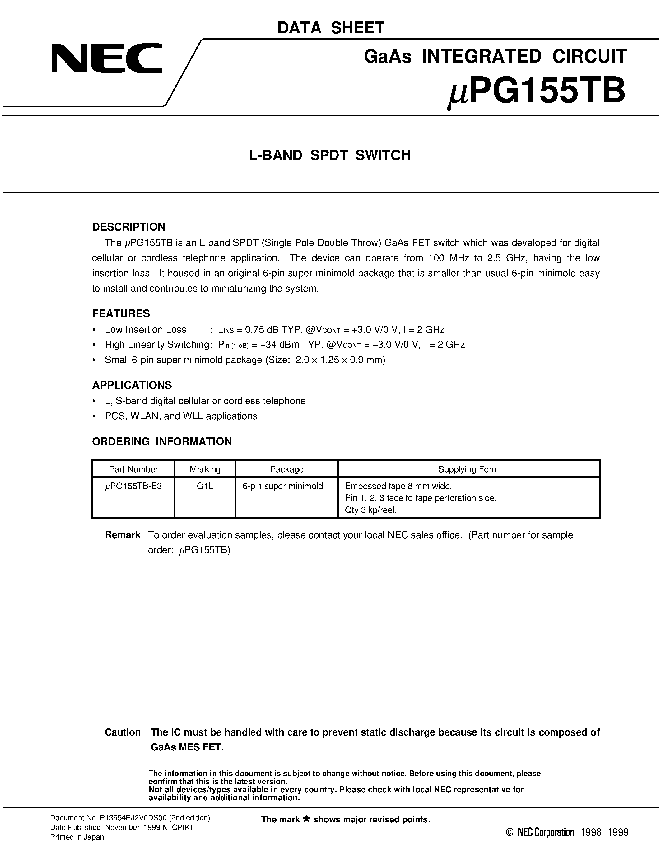 Datasheet UPG155TB-E3 - L-BAND SPDT SWITCH page 1