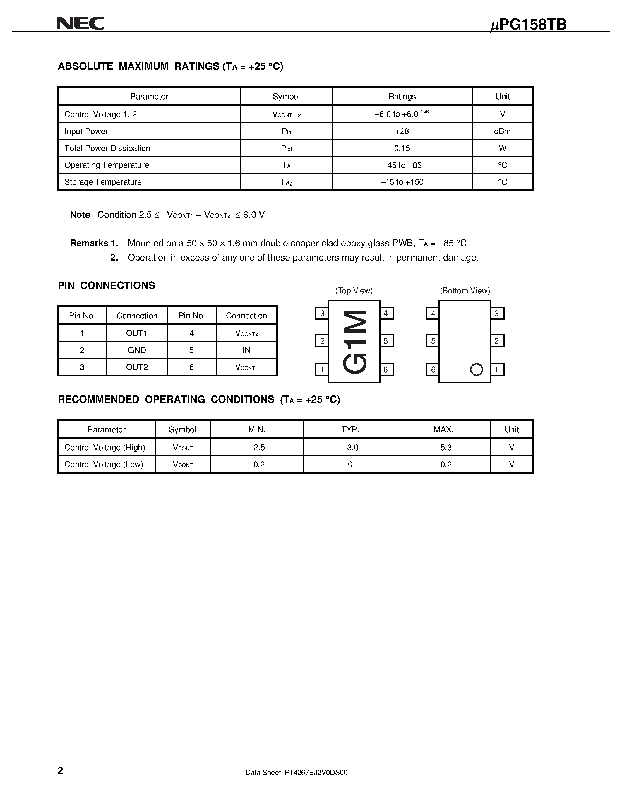 Datasheet UPG158 - L/ S- BAND SPDT SWITCH page 2