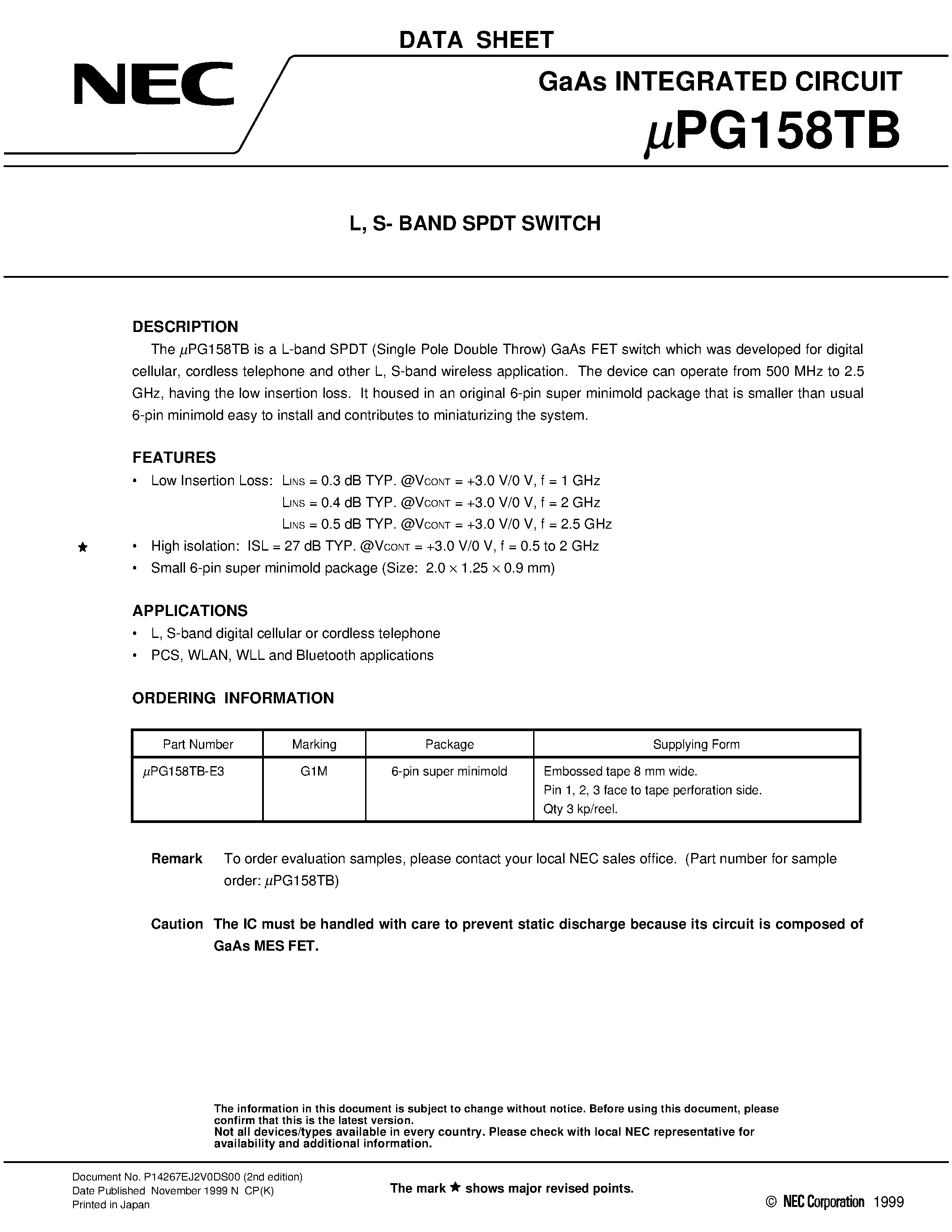 Datasheet UPG158TB-E3 - L/ S- BAND SPDT SWITCH page 1