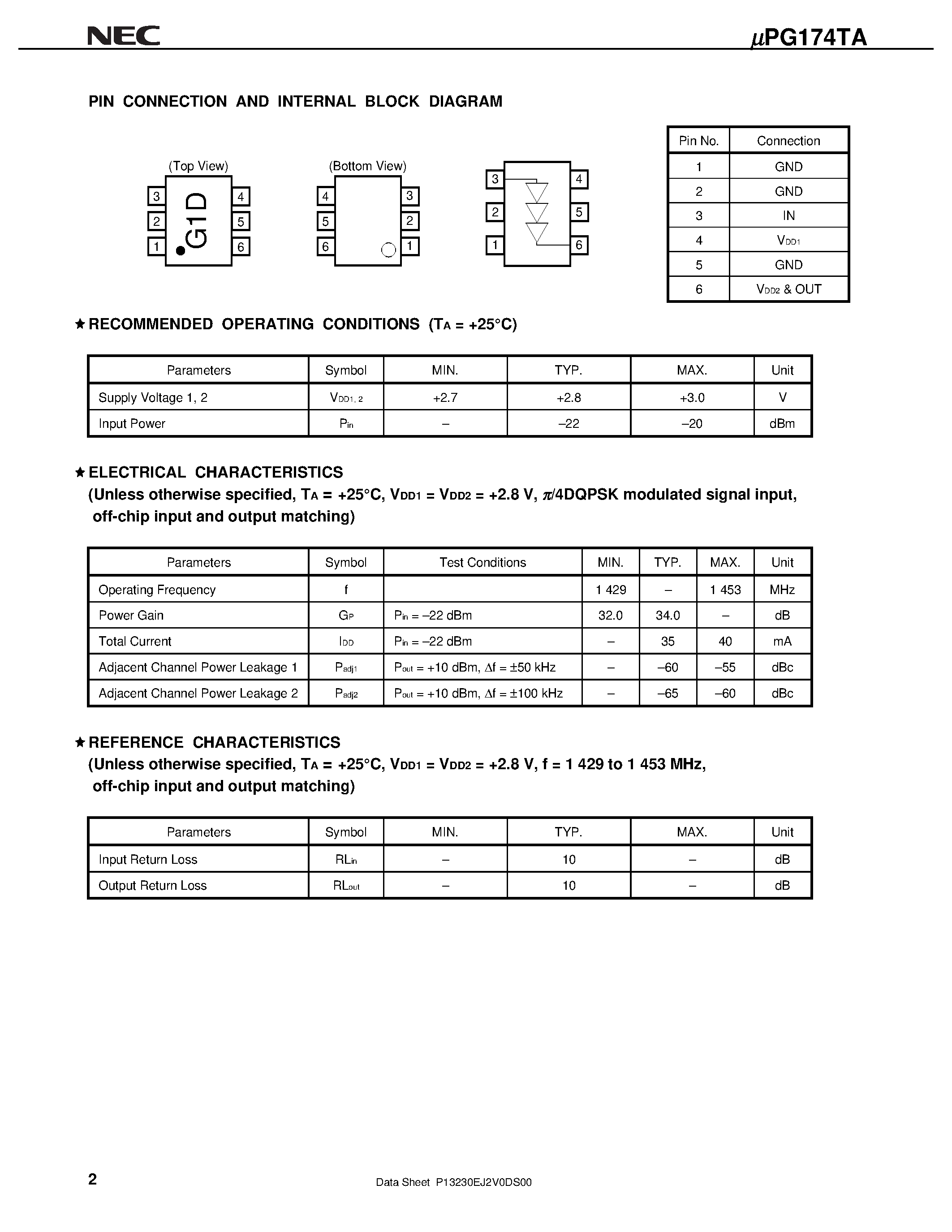 Datasheet UPG174TA - L-BAND PA DRIVER AMPLIFIER page 2