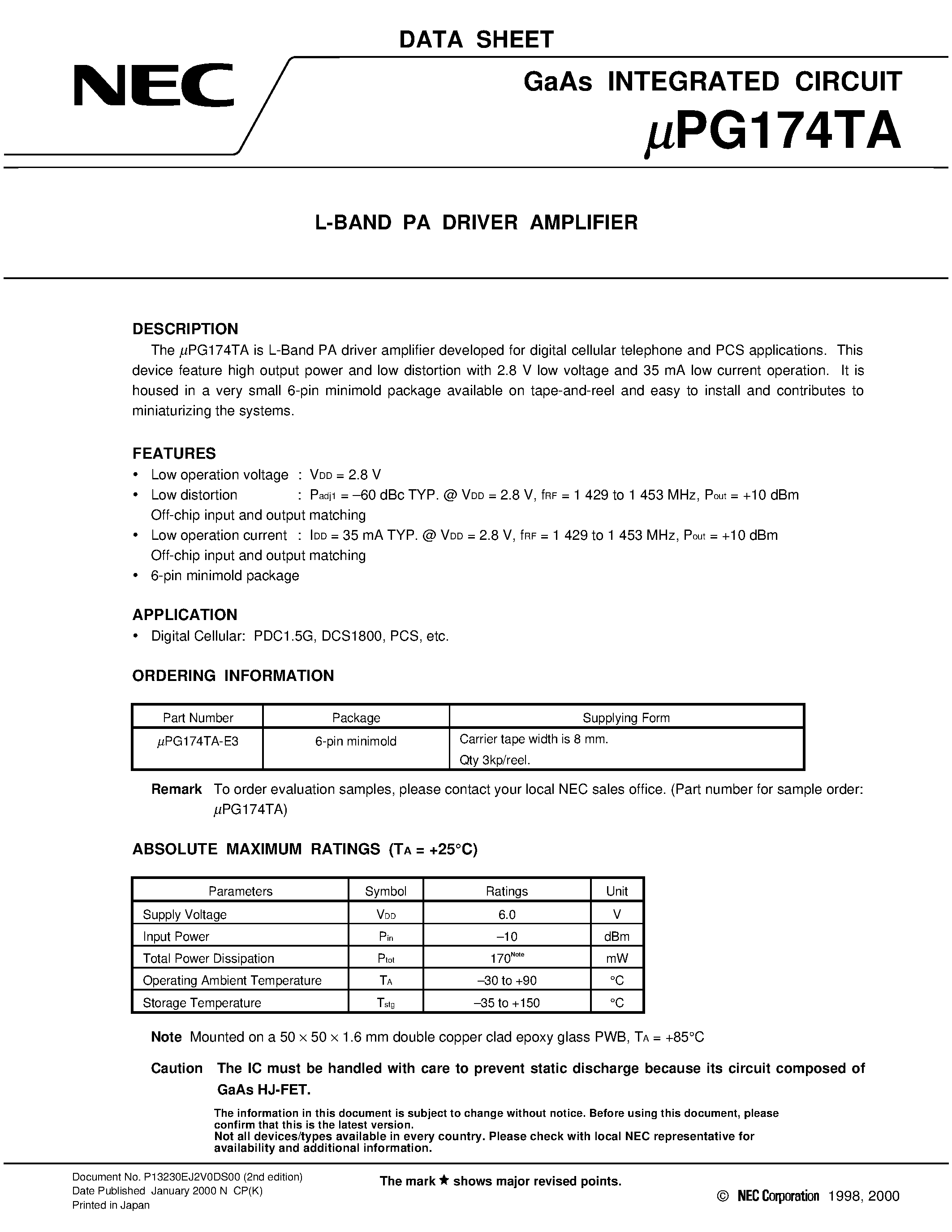 Даташит UPG174TA-E3 - L-BAND PA DRIVER AMPLIFIER страница 1