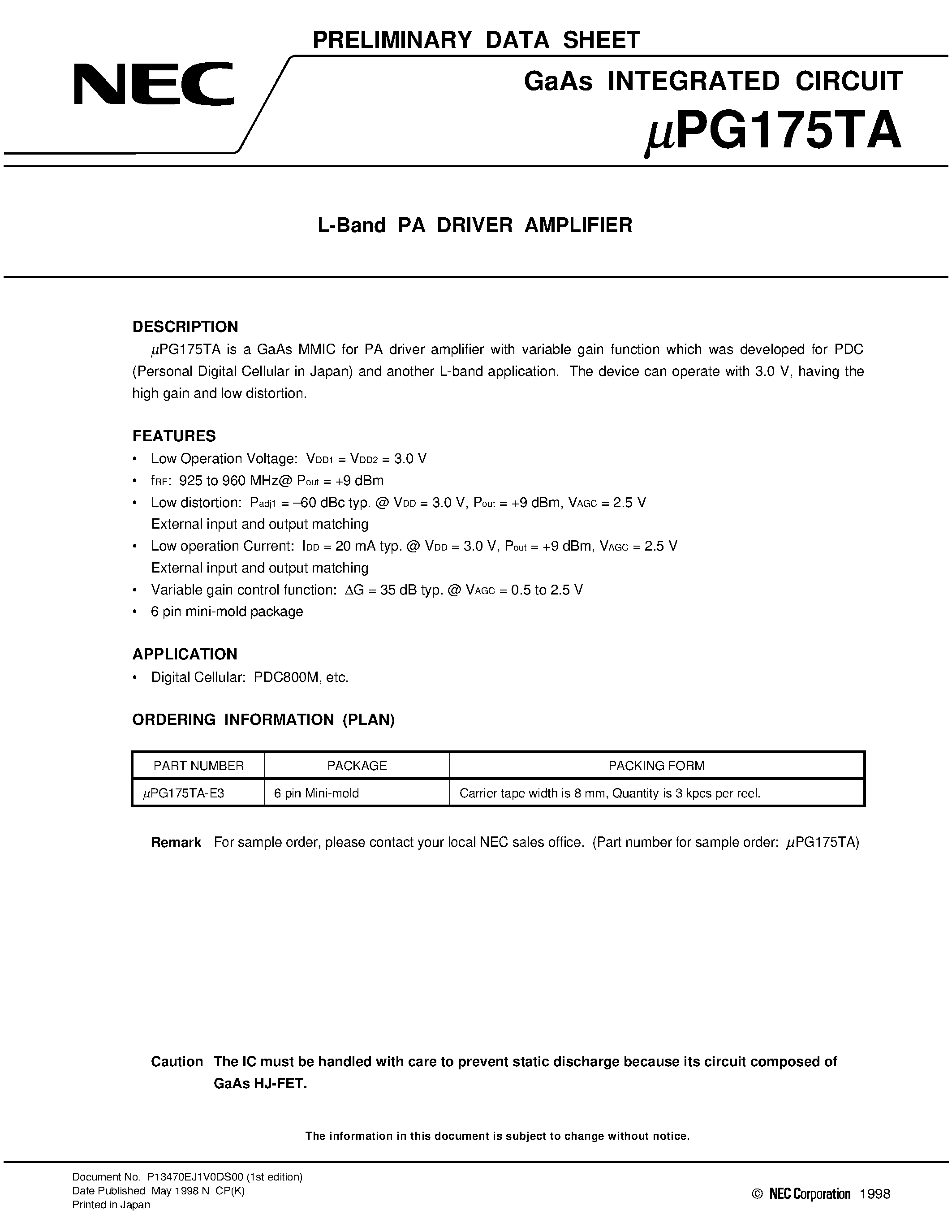 Datasheet UPG175TA-E3 - L-Band PA DRIVER AMPLIFIER page 1