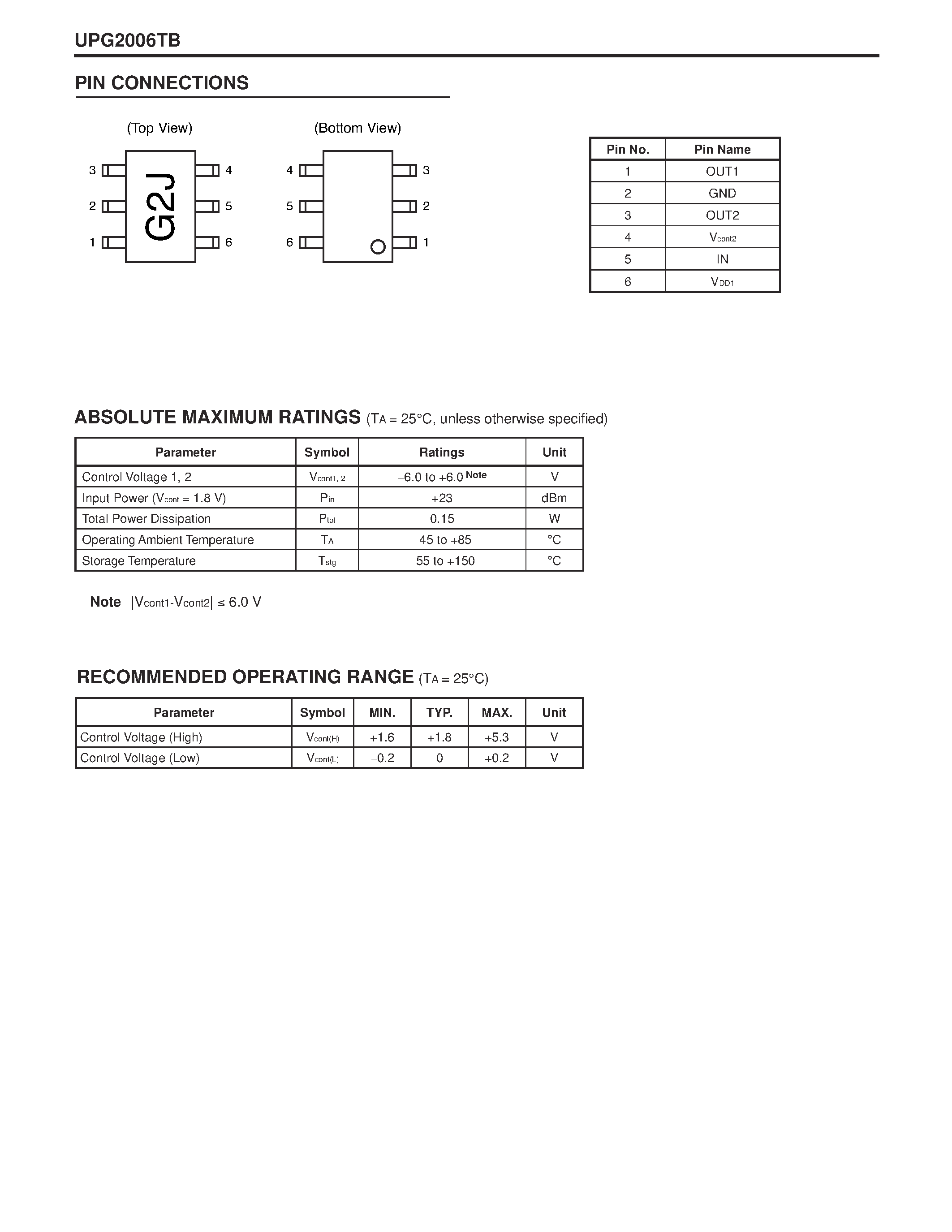Datasheet UPG2006TB - NECs 1.8 V L/ S-BAND SPDT SWITCH page 2