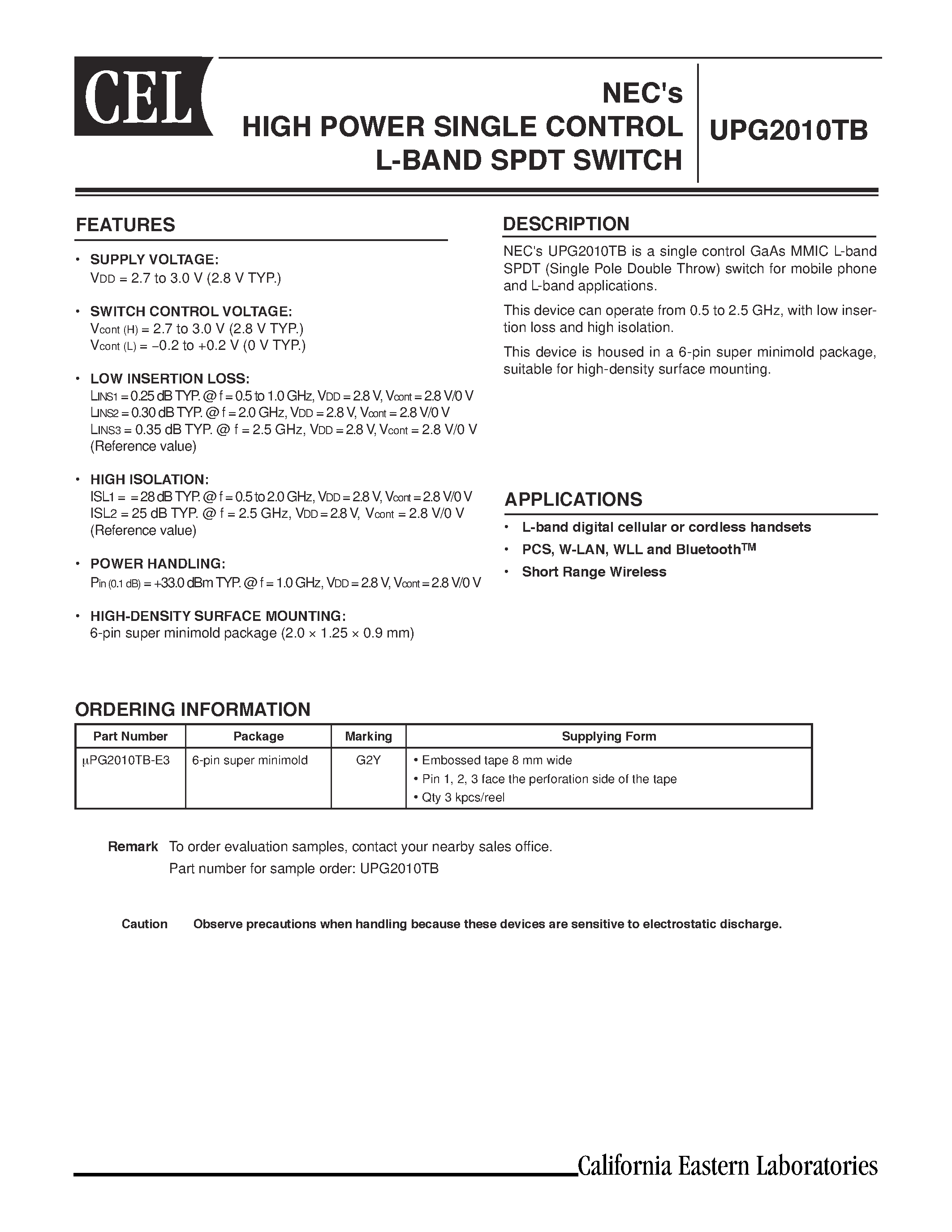 Datasheet UPG2010TB - NECs HIGH POWER SINGLE CONTROL L-BAND SPDT SWITCH page 1