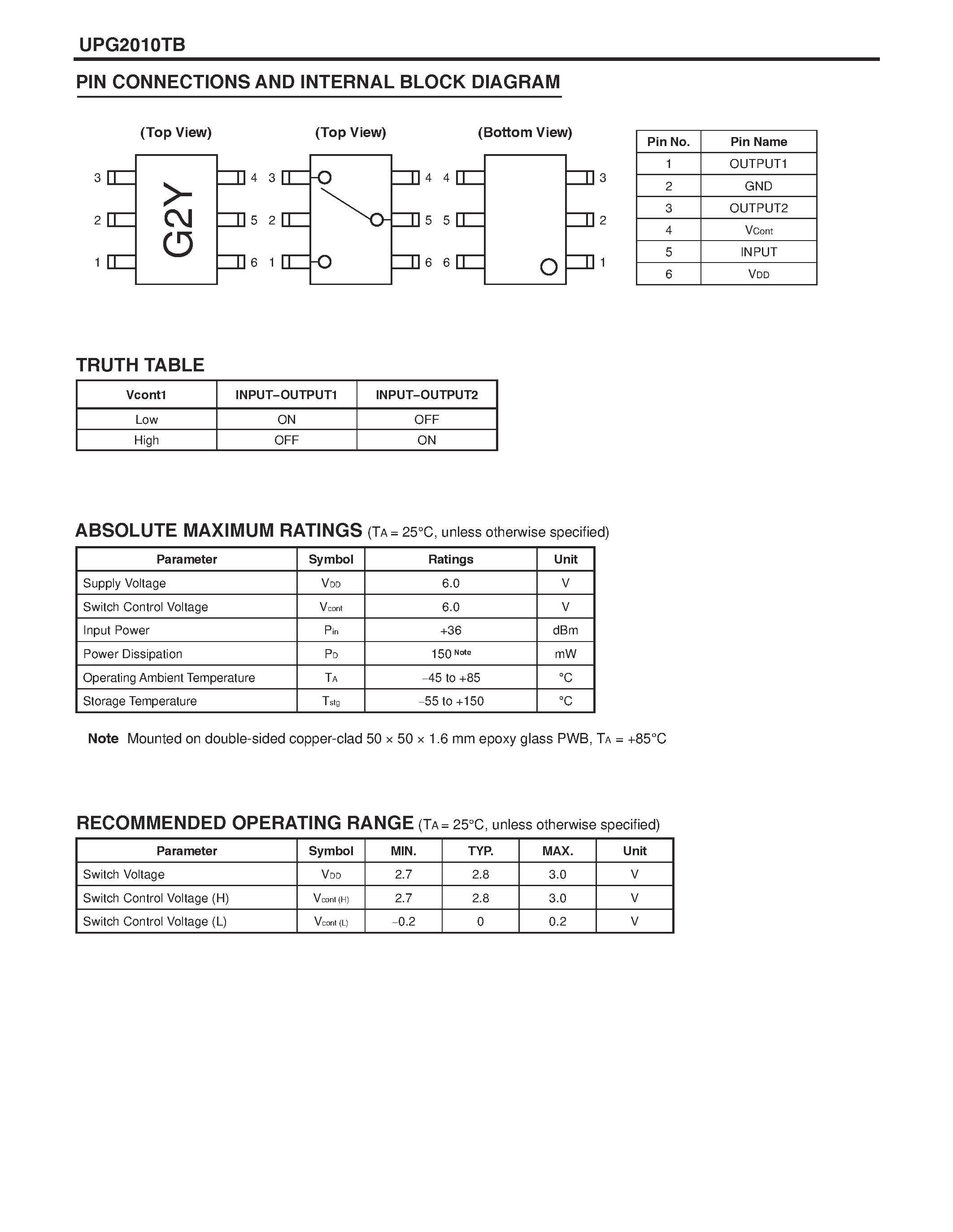 Datasheet UPG2010TB - NECs HIGH POWER SINGLE CONTROL L-BAND SPDT SWITCH page 2