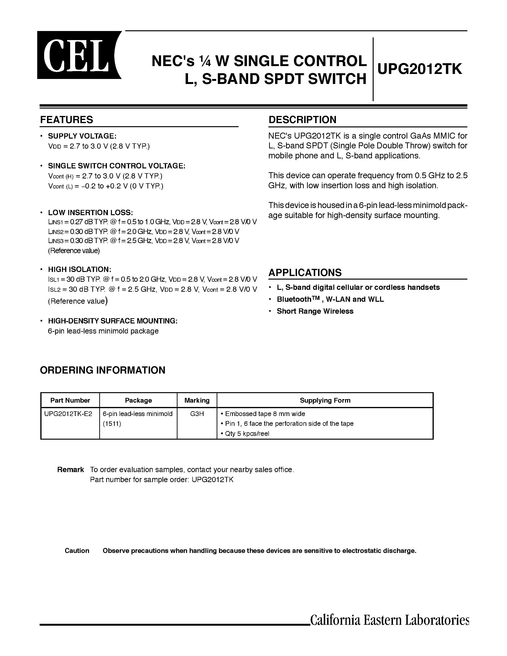 Даташит UPG2012TK-E2 - NECs W SINGLE CONTROL L/ S-BAND SPDT SWITCH страница 1