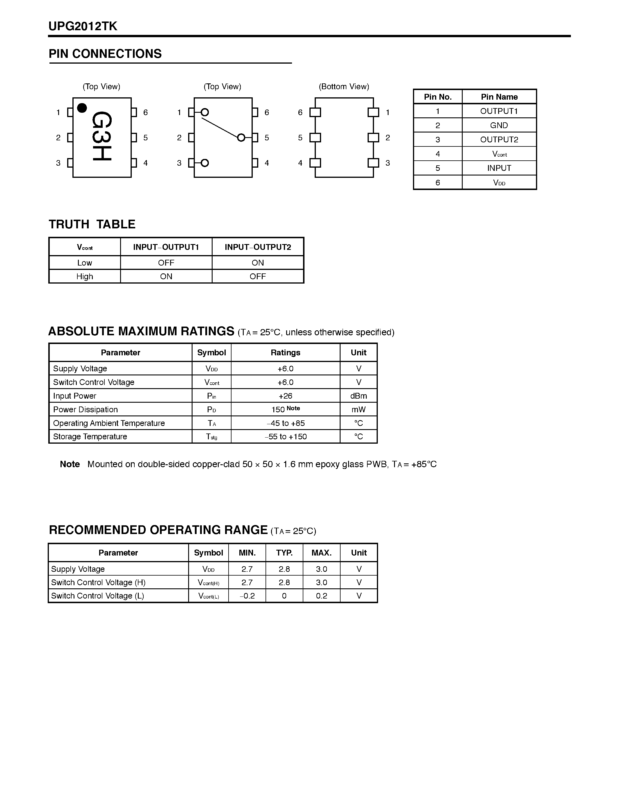 Datasheet UPG2012TK-E2 - NECs W SINGLE CONTROL L/ S-BAND SPDT SWITCH page 2