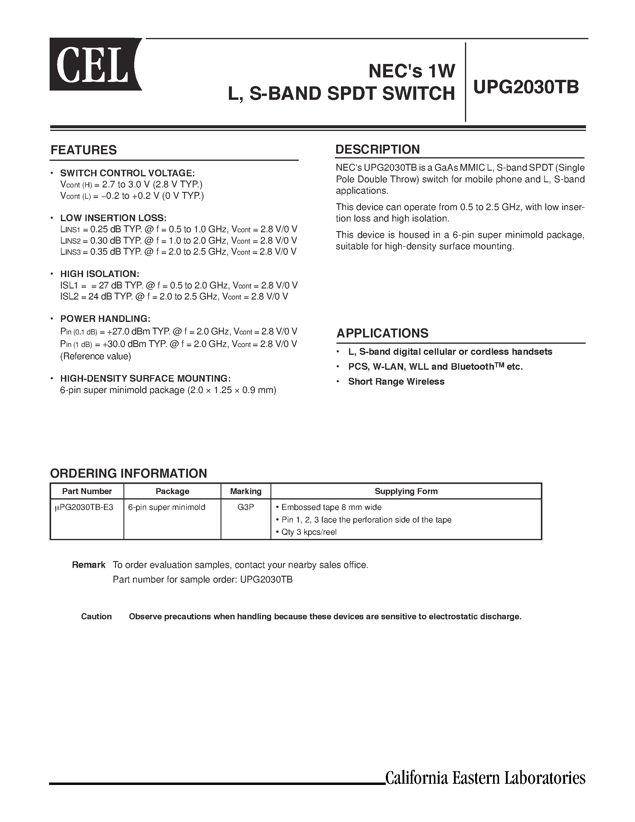 Datasheet UPG2030TB - NECs 1W L/ S-BAND SPDT SWITCH page 1