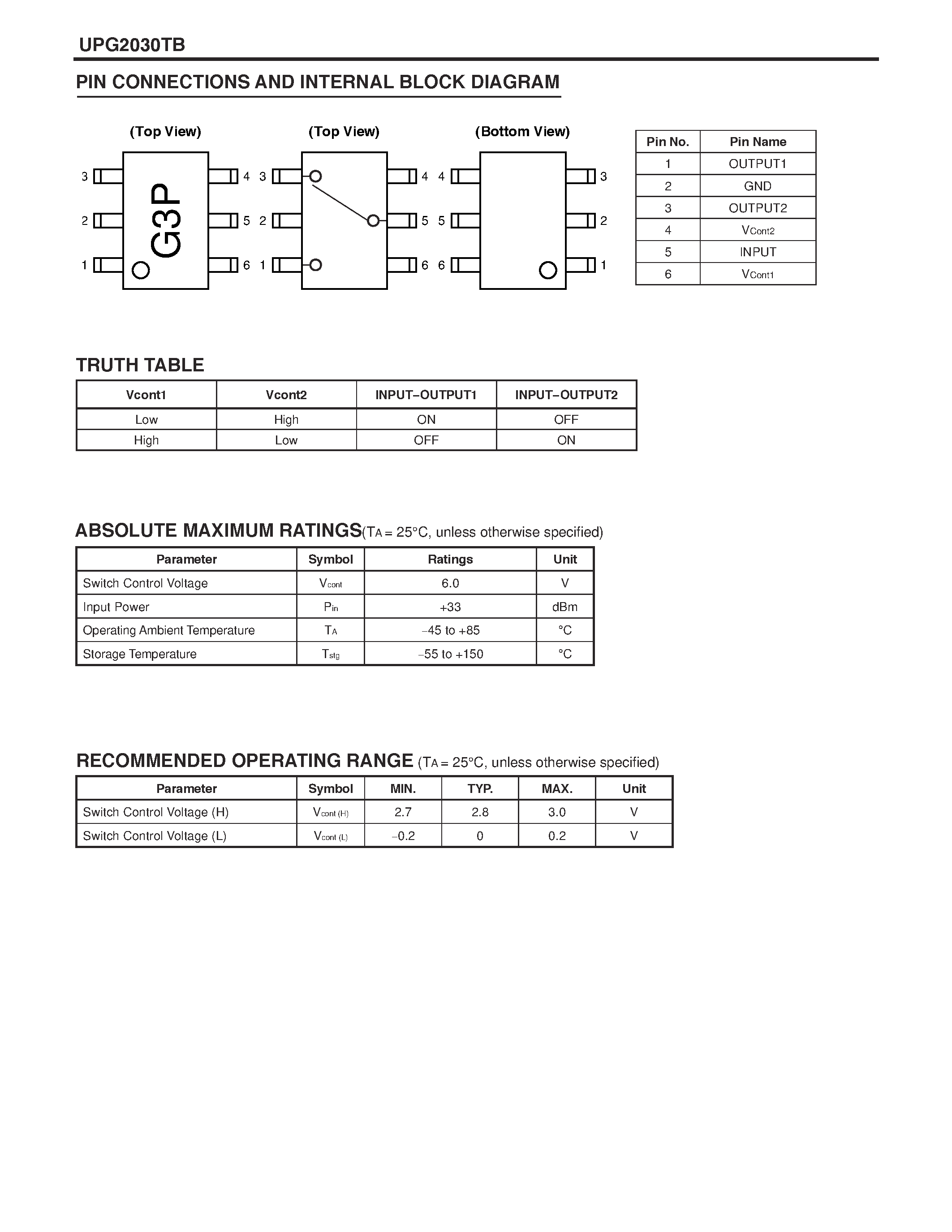 Datasheet UPG2030TB - NECs 1W L/ S-BAND SPDT SWITCH page 2
