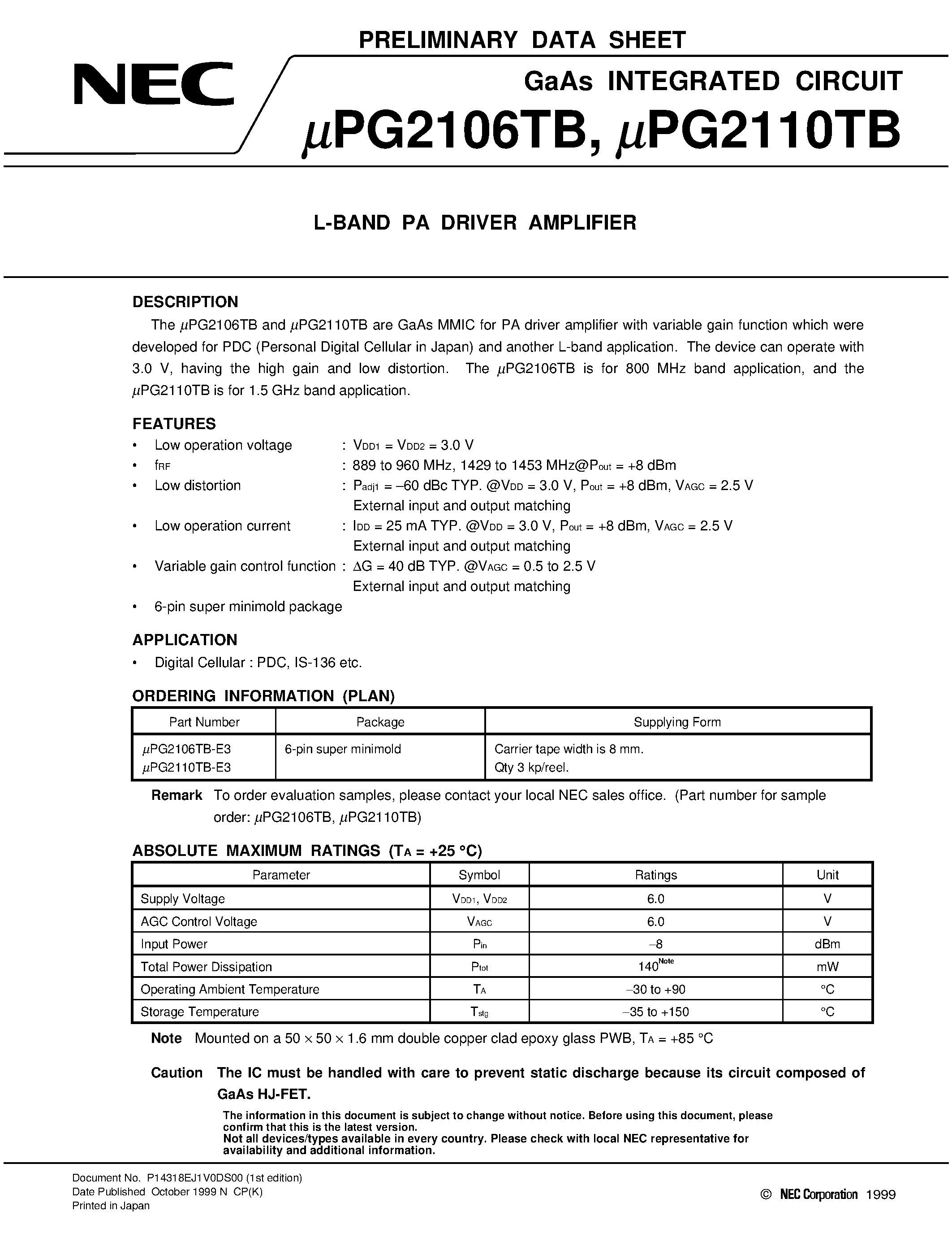 Datasheet UPG2106TB-E3 - L-BAND PA DRIVER AMPLIFIER page 1