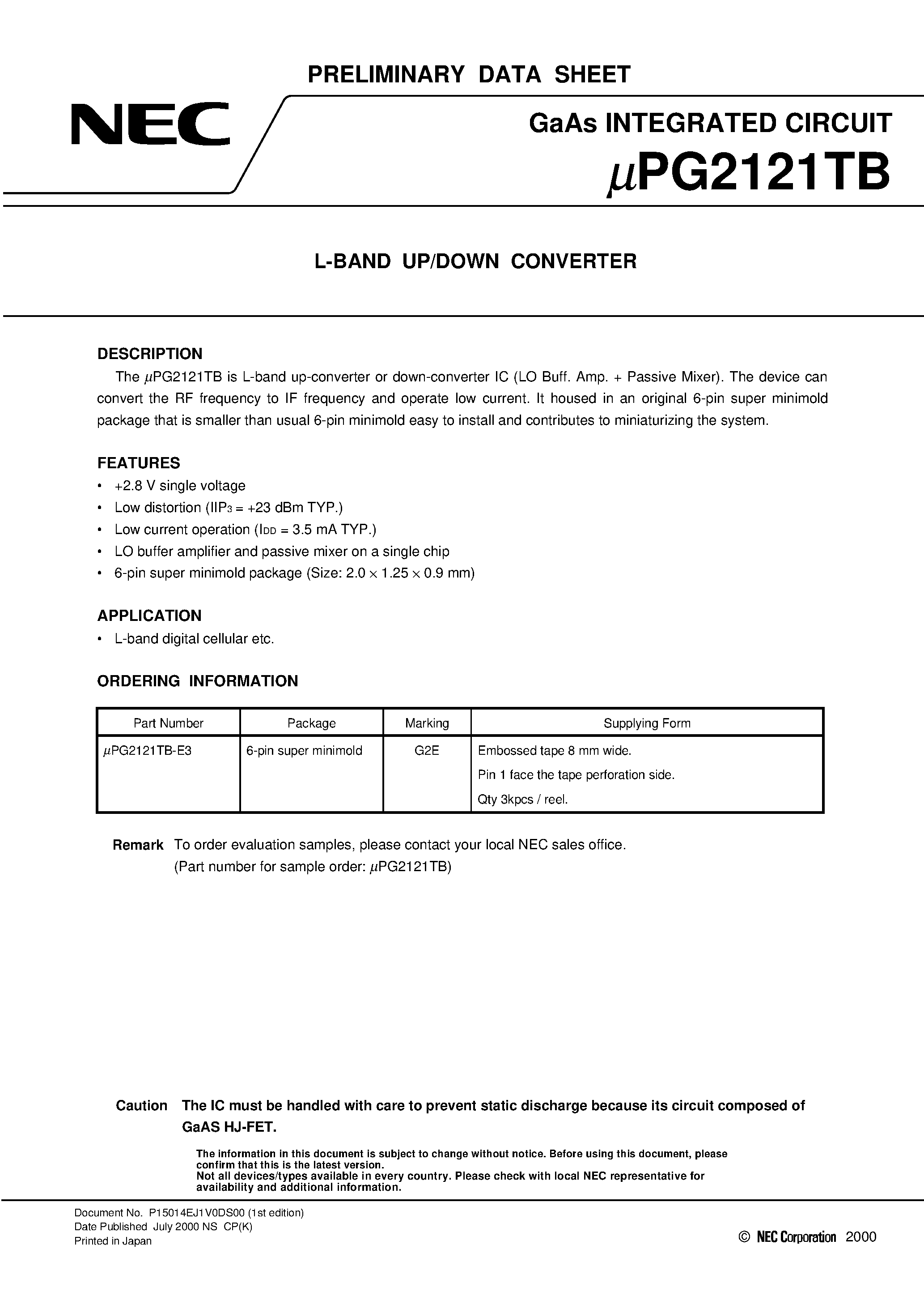Datasheet UPG2121TB - L-BAND UP/DOWN CONVERTER page 1