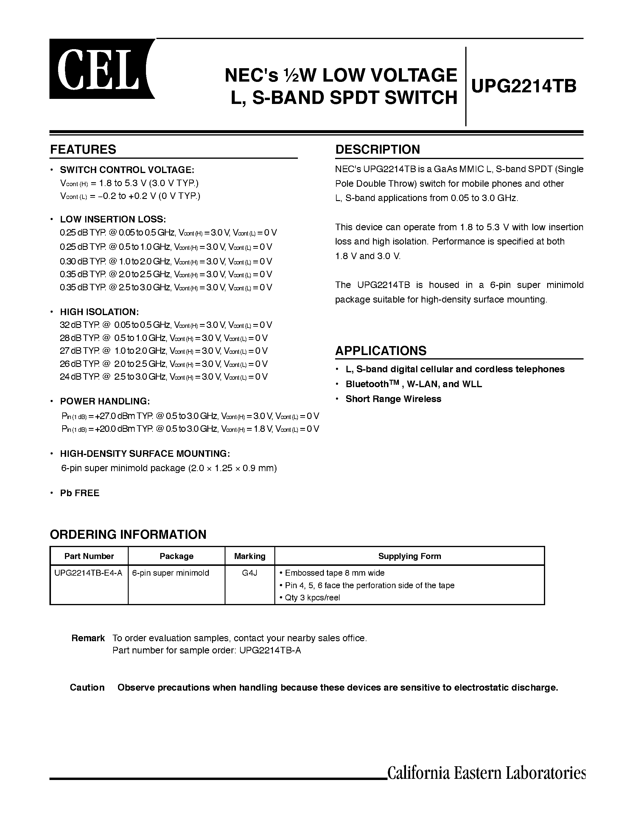 Datasheet UPG2214TB-E4-A - NECs W LOW VOLTAGE L/ S-BAND SPDT SWITCH page 1