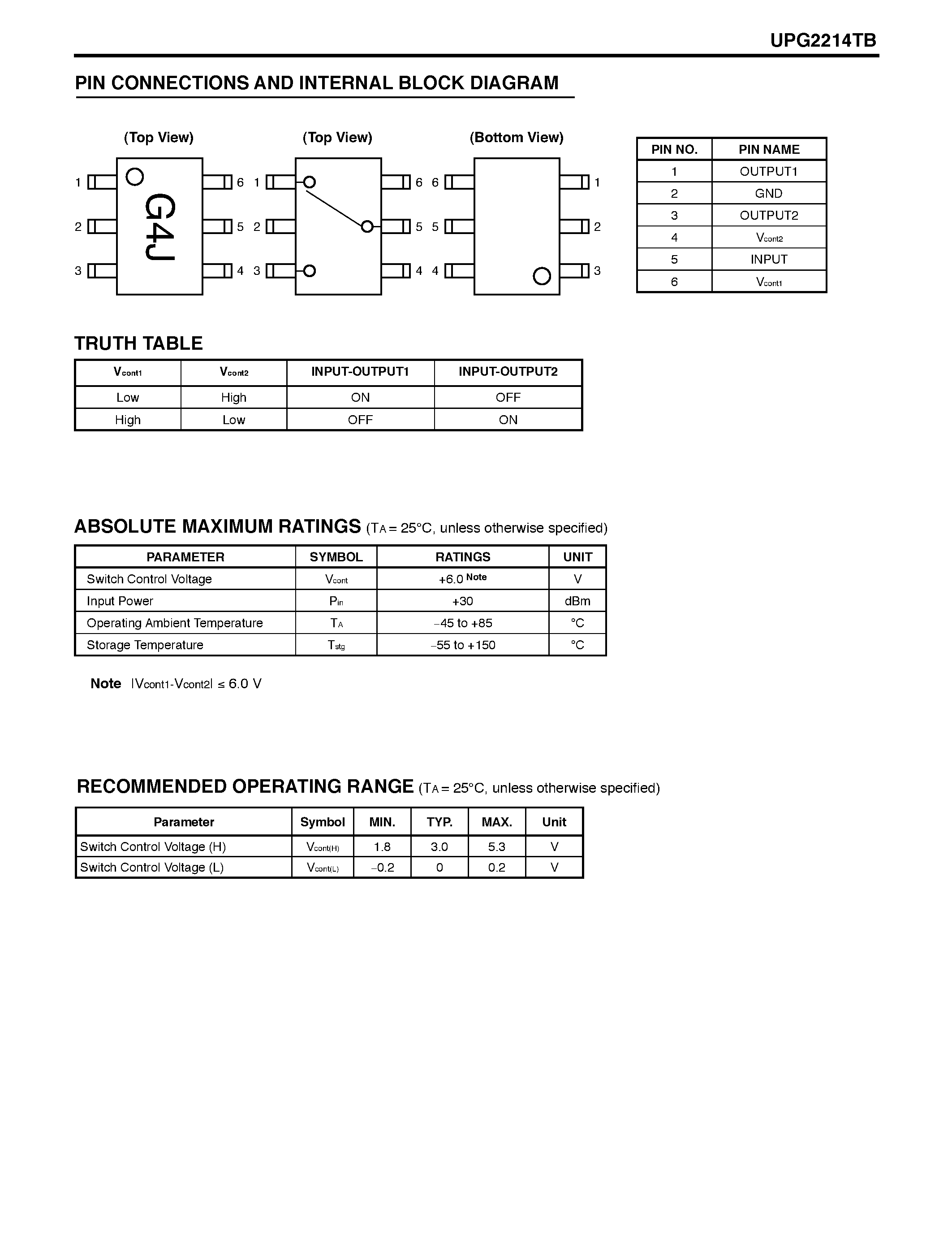 Datasheet UPG2214TB-E4-A - NECs W LOW VOLTAGE L/ S-BAND SPDT SWITCH page 2