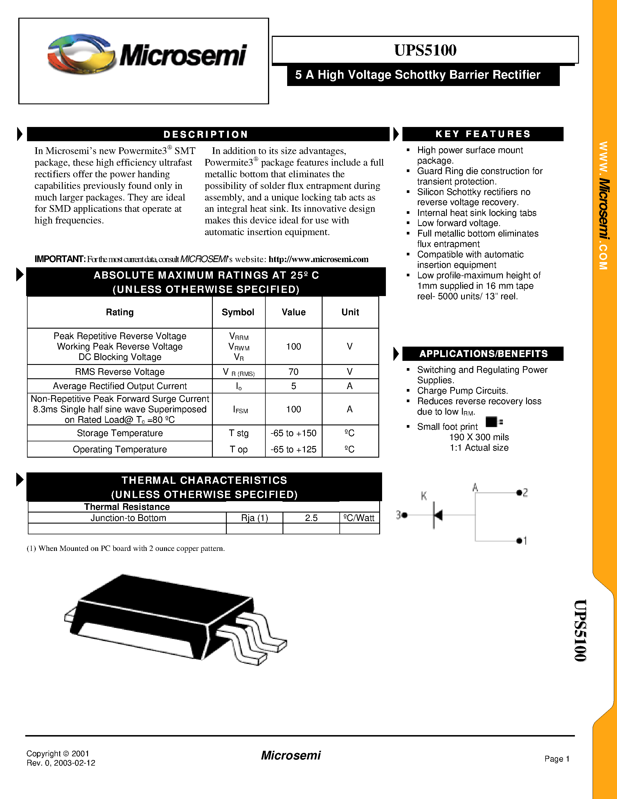 Даташит UPS5100 - 5 A High Voltage Schottky Barrier Rectifier страница 1