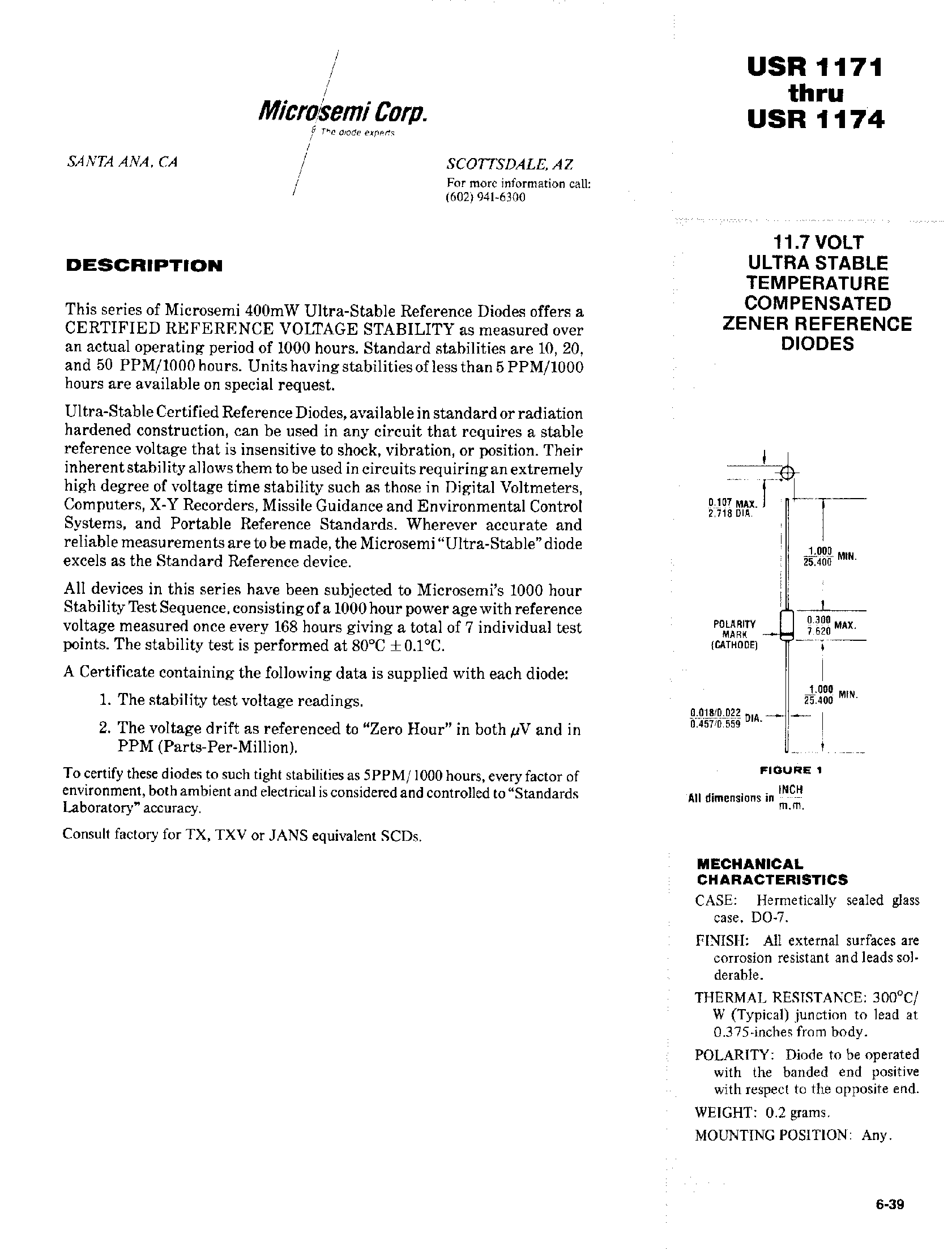 Даташит USR1173 - 11.7 VOLT ULTRA STABLE TEMPERATURE COMPENSATED ZENER REFERENCE DIODES страница 1
