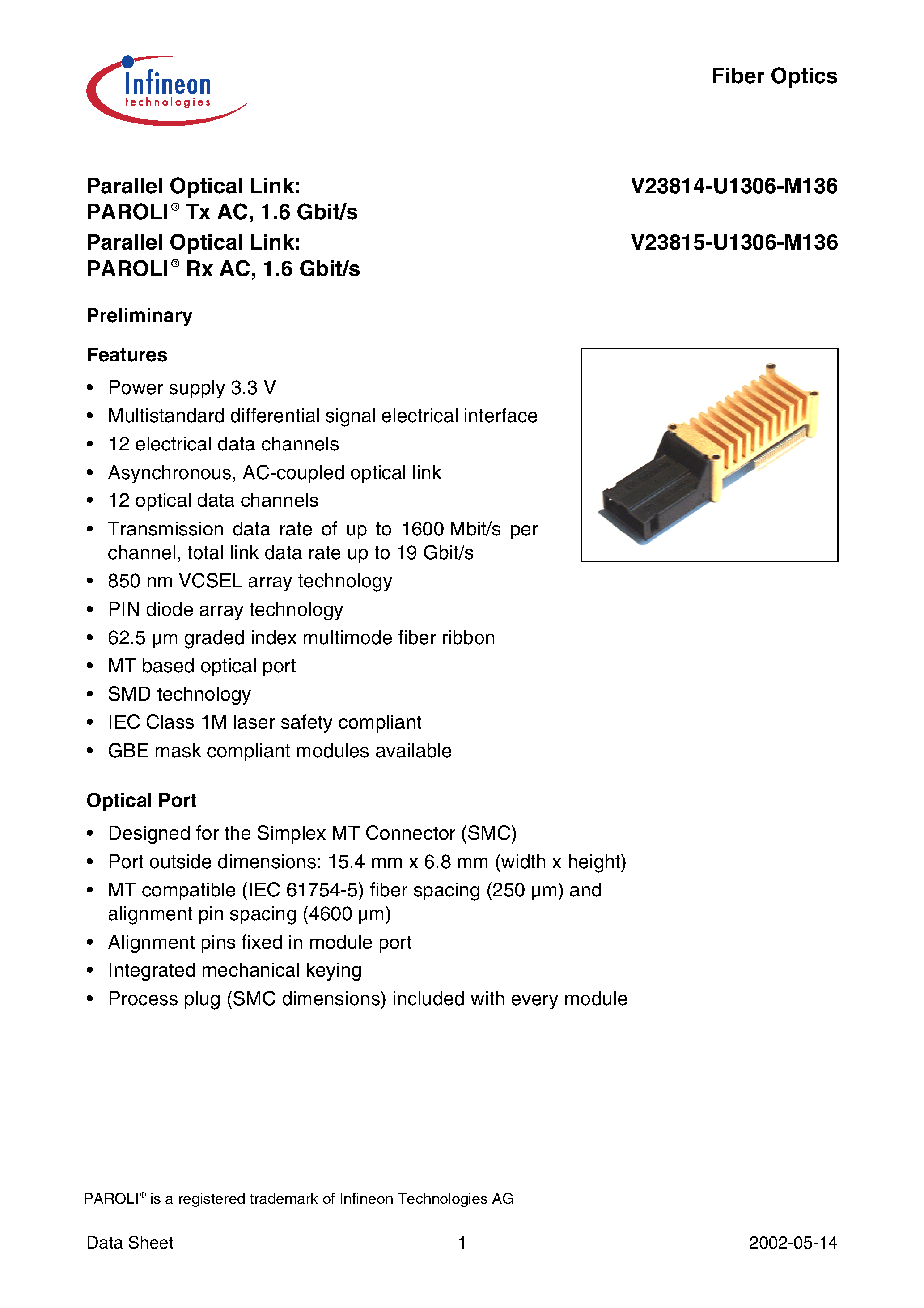 Даташит V23815-U1306-M136 - PAROLI Tx AC/ 1.6 Gbit/s страница 1