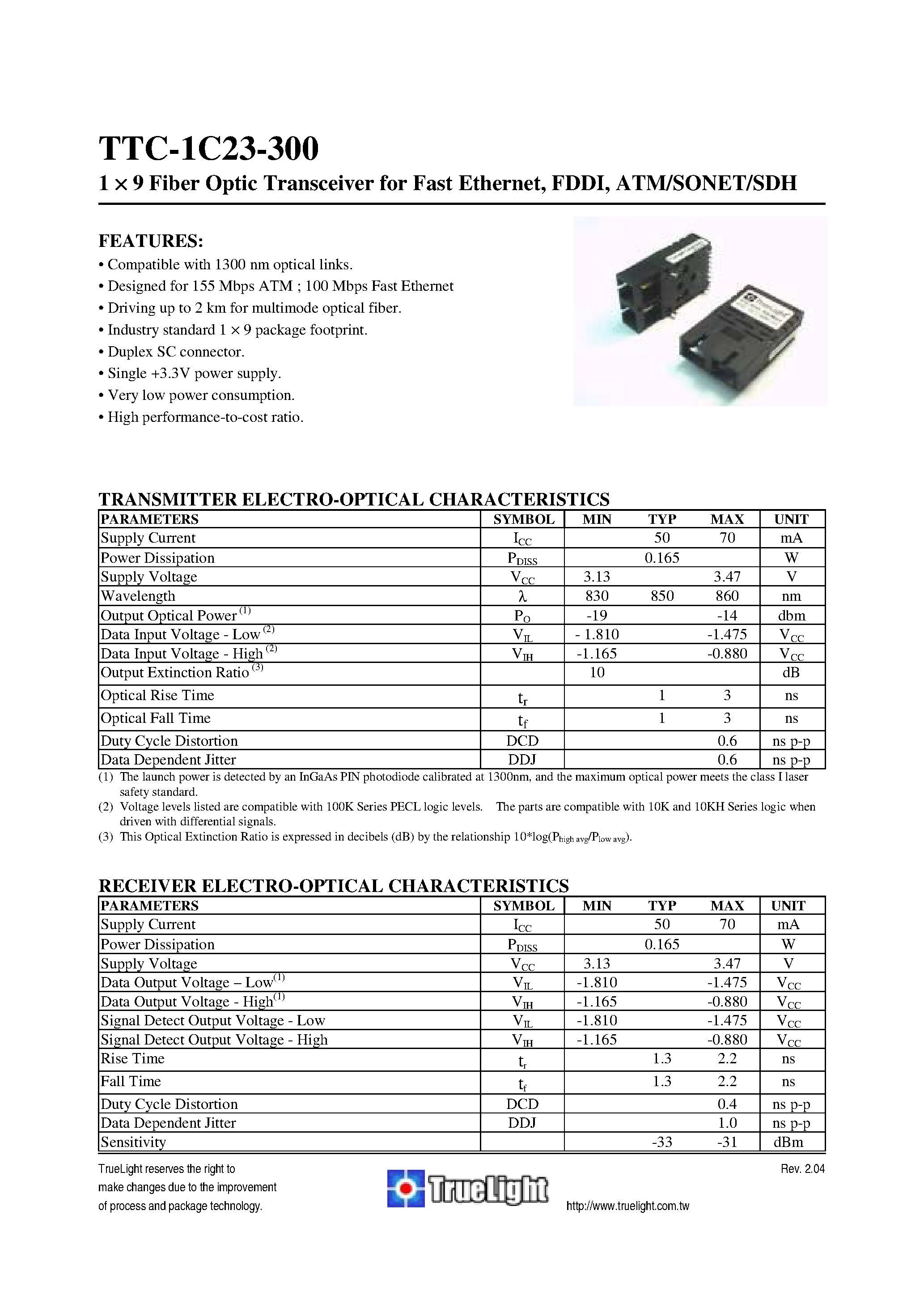 Даташит TTC-1C23-300 - 1 9 Fiber Optic Transceiver for Fast Ethernet/ FDDI/ ATM/SONET/SDH страница 1