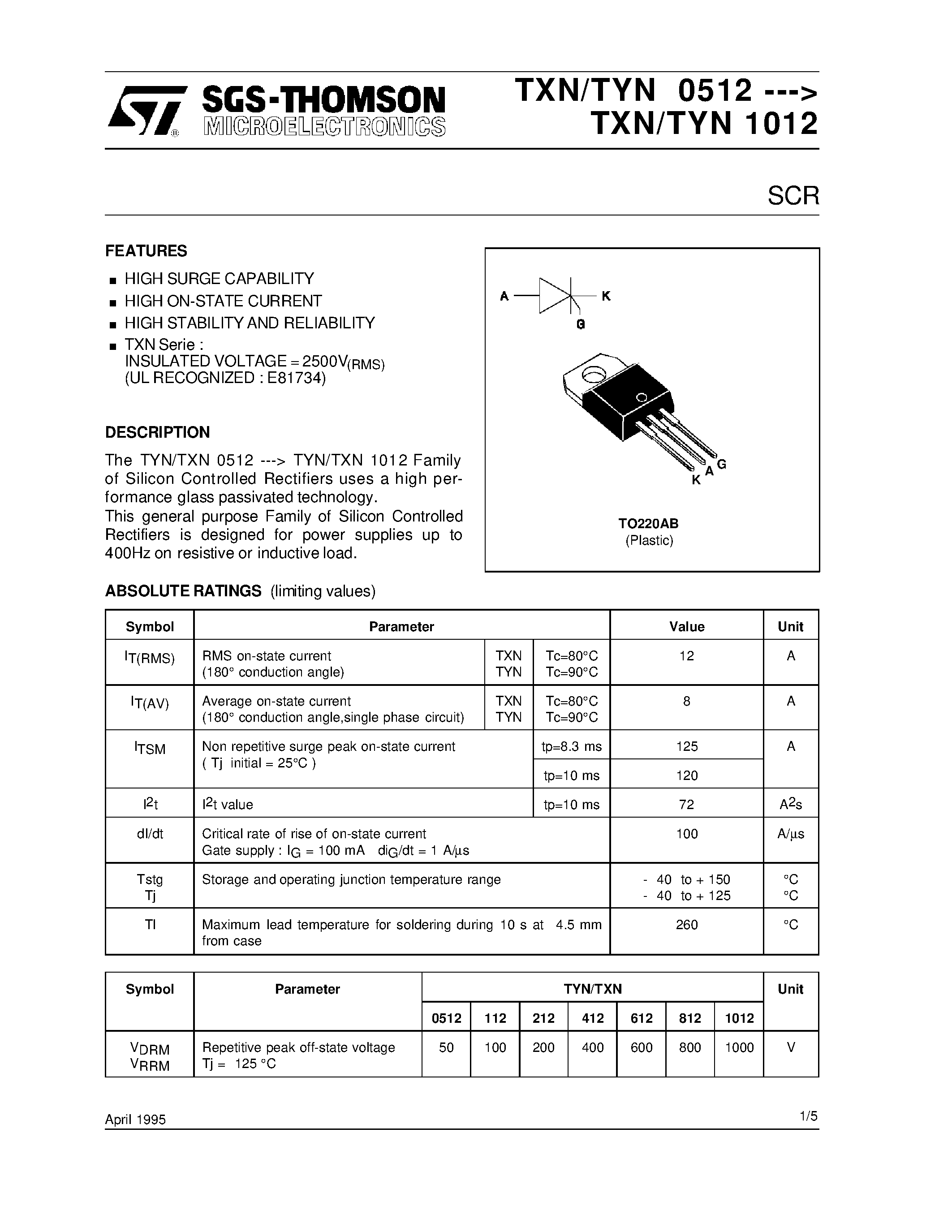 Datasheet TYN1012 - HIGH SURGE CAPABILITY HIGH ON-STATE CURRENT HIGH STABILITY AND RELIABILITY page 1