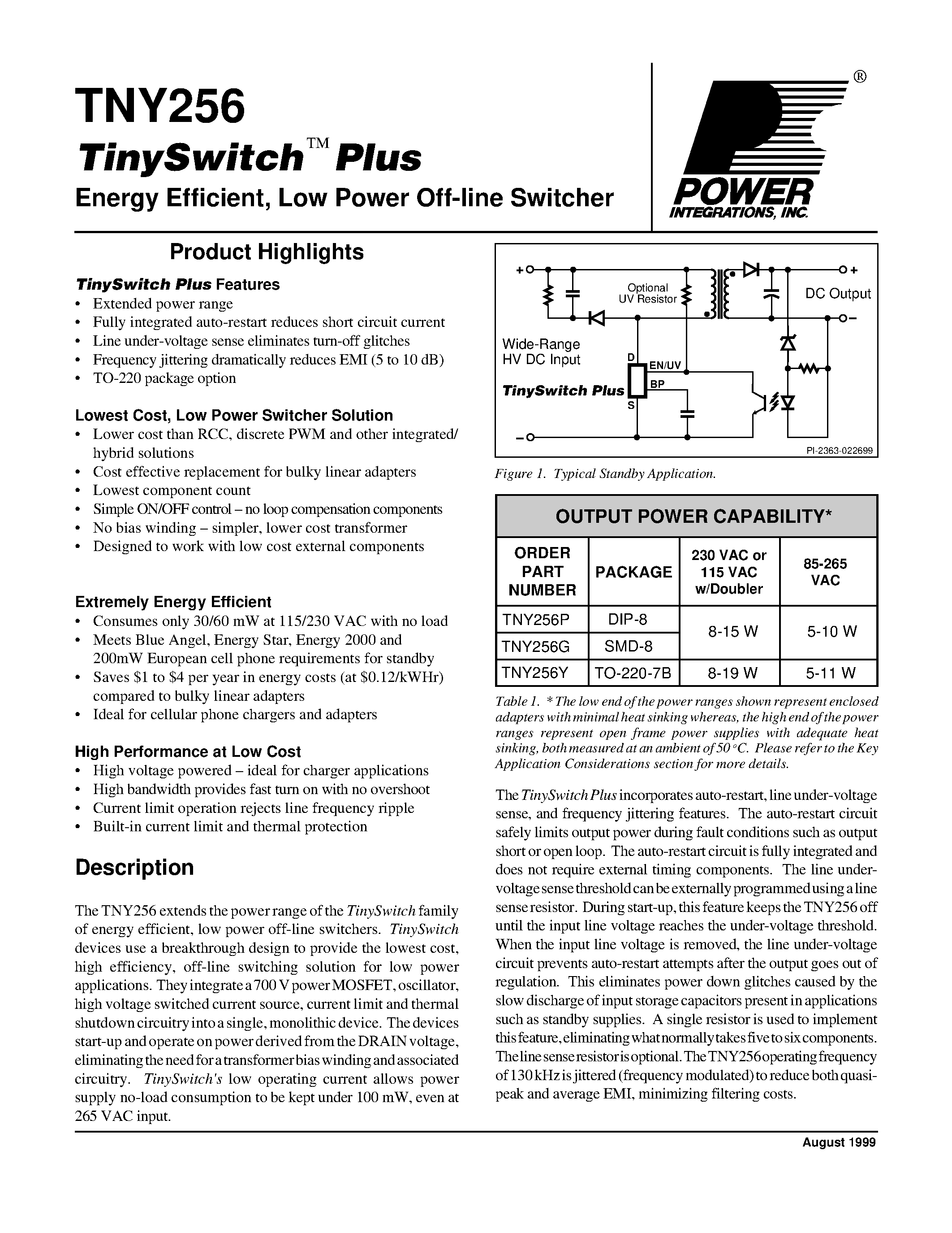 Даташит TYN256P - Energy Efficient/ Low Power Off-line Switcher страница 1